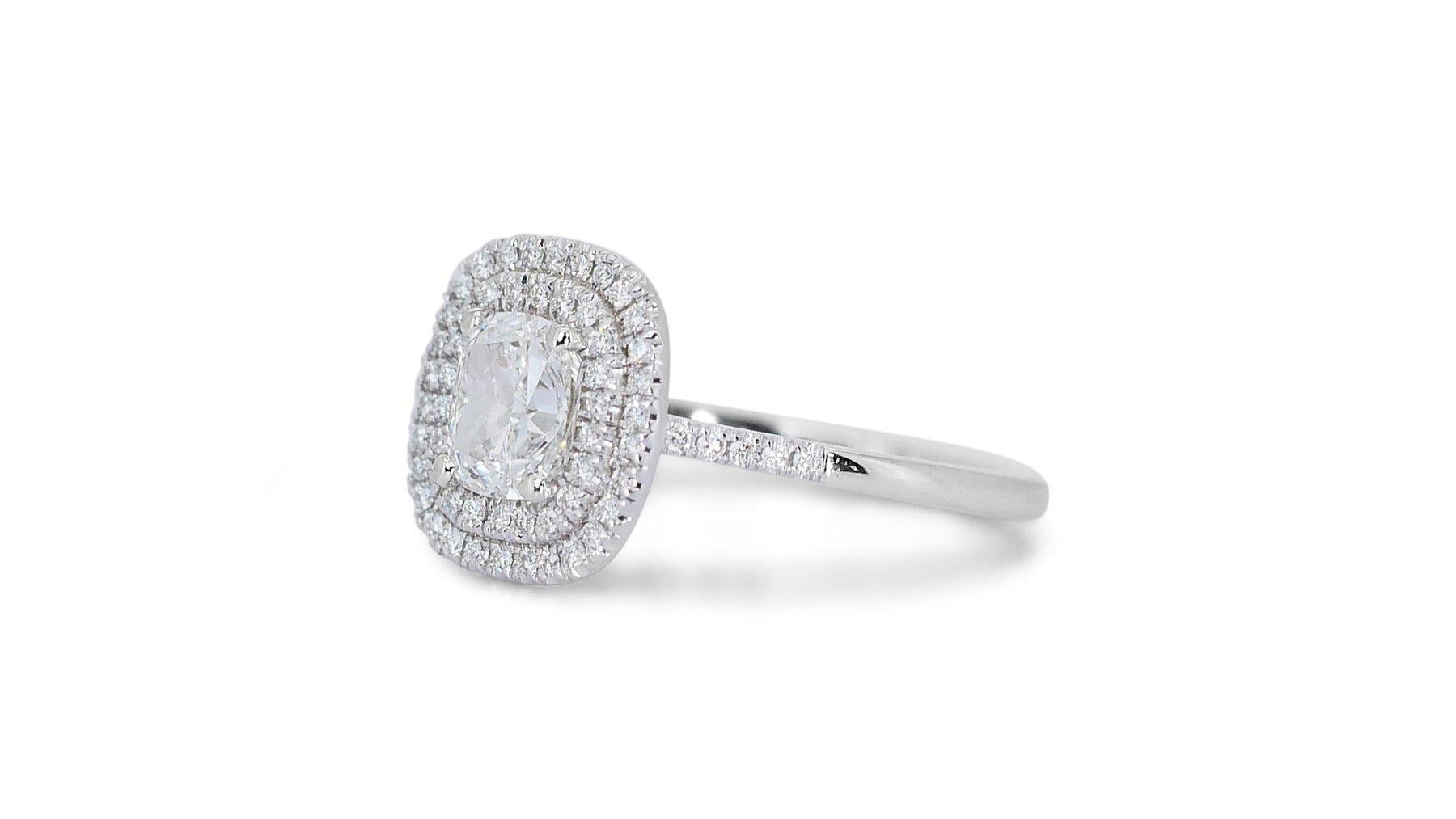 Introducing our breathtaking 1.22ct Double Halo Cushion Diamond  Ring, a true masterpiece of elegance and sophistication. Crafted with utmost precision and adorned with exquisite diamonds, this ring is a symbol of timeless beauty and luxury. - GIA