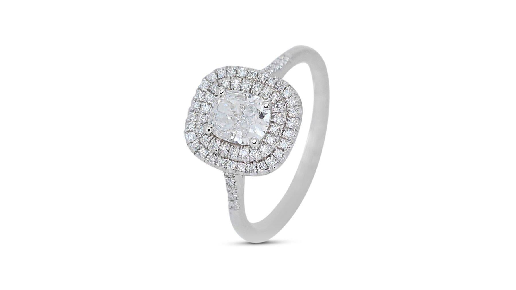 Brilliant Cut Elegant 18K White Gold Halo Natural Diamond Ring w/ 1.22ct - GIA Certified For Sale
