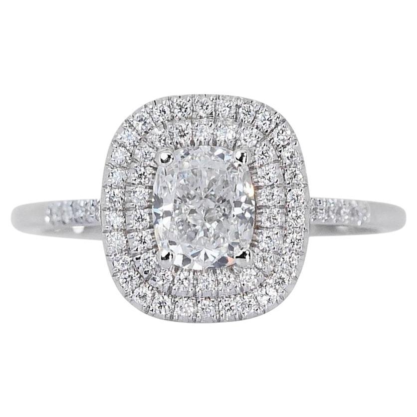 Elegant 18K White Gold Halo Natural Diamond Ring w/ 1.22ct - GIA Certified  For Sale
