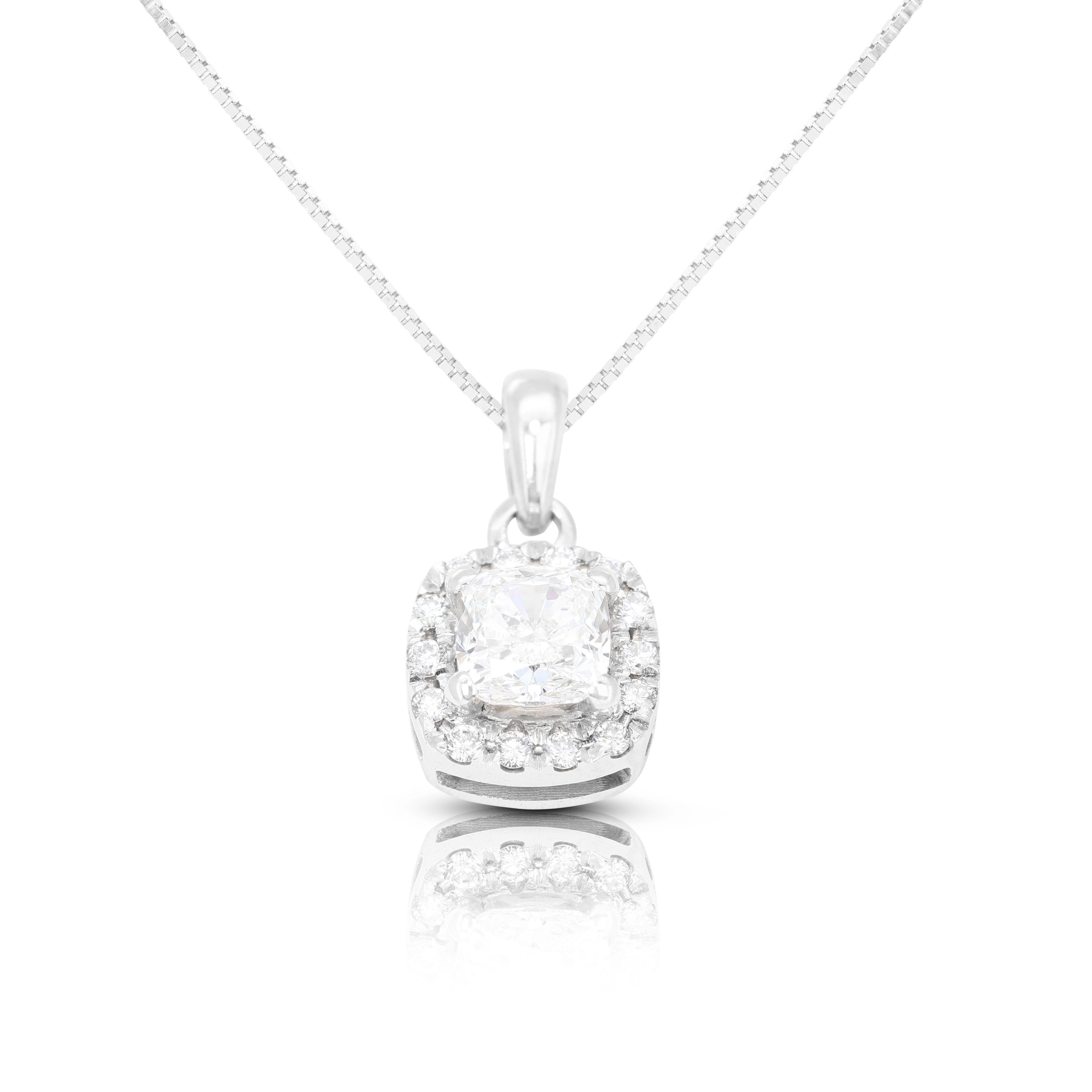 A gorgeous halo pendant with a dazzling 0.65 carat cushion and round brilliant diamonds. The jewelry is made of 18k white gold with a high quality polish. It comes with GIA Certificate and a fancy jewelry box.

Pendant only, (Chain not included)

1