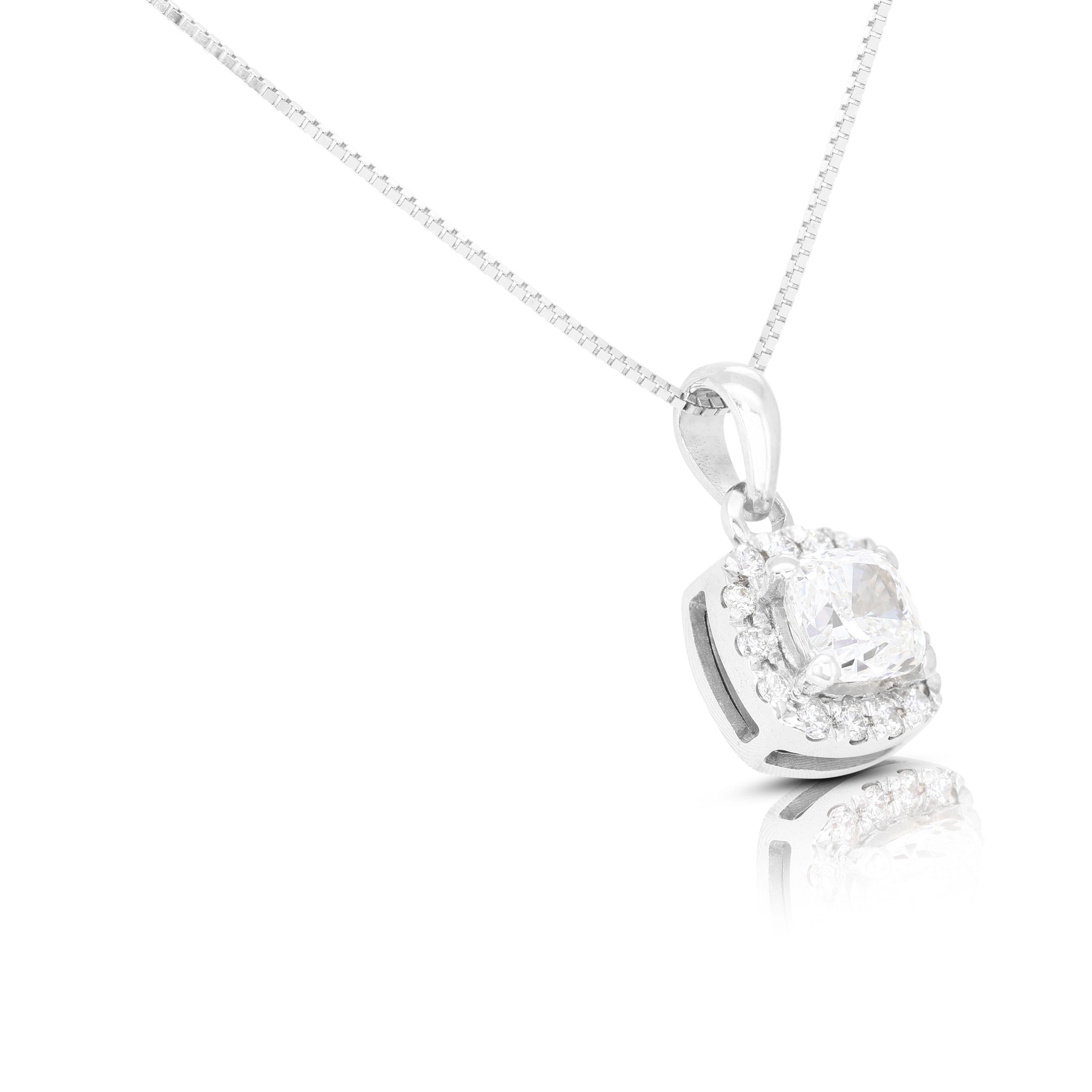 Cushion Cut Elegant 18k White Gold Halo Pendant w/ 0.65ct Diamonds - Chain not included For Sale