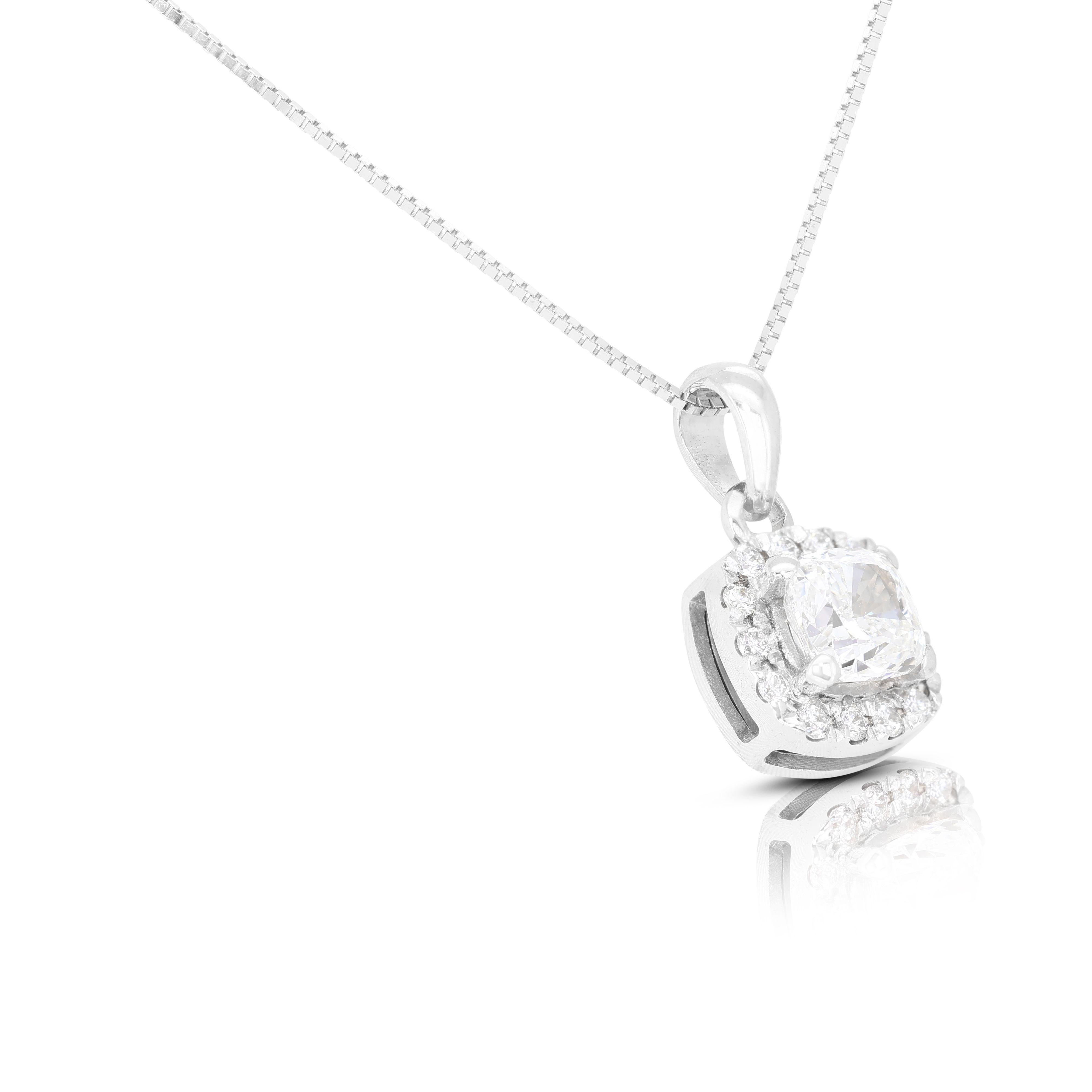 Taglio cuscino Elegante ciondolo a forma di aureola in oro bianco 18 carati con diamanti da 0,65 carati - Catena non inclusa in vendita