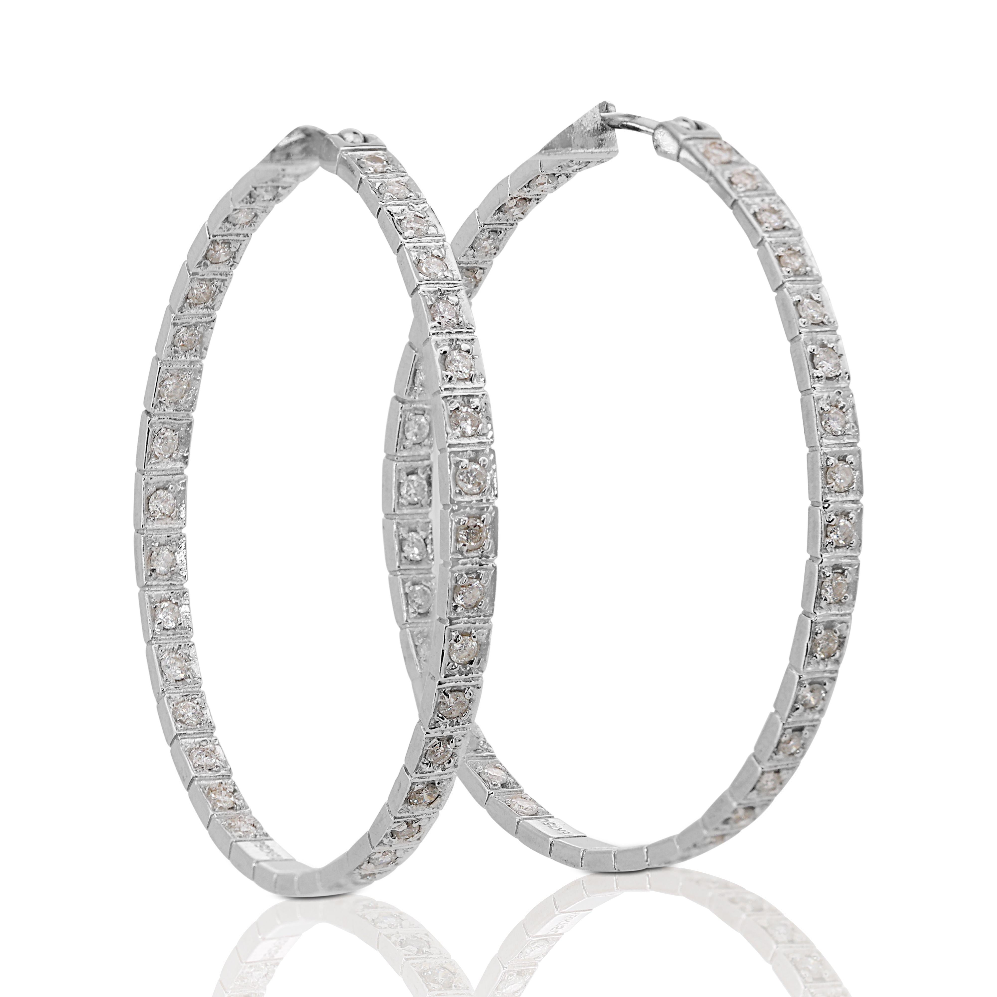 Round Cut Elegant 18k White Gold Hoop Earrings with 1.36 Carat Weight of Natural Diamonds For Sale