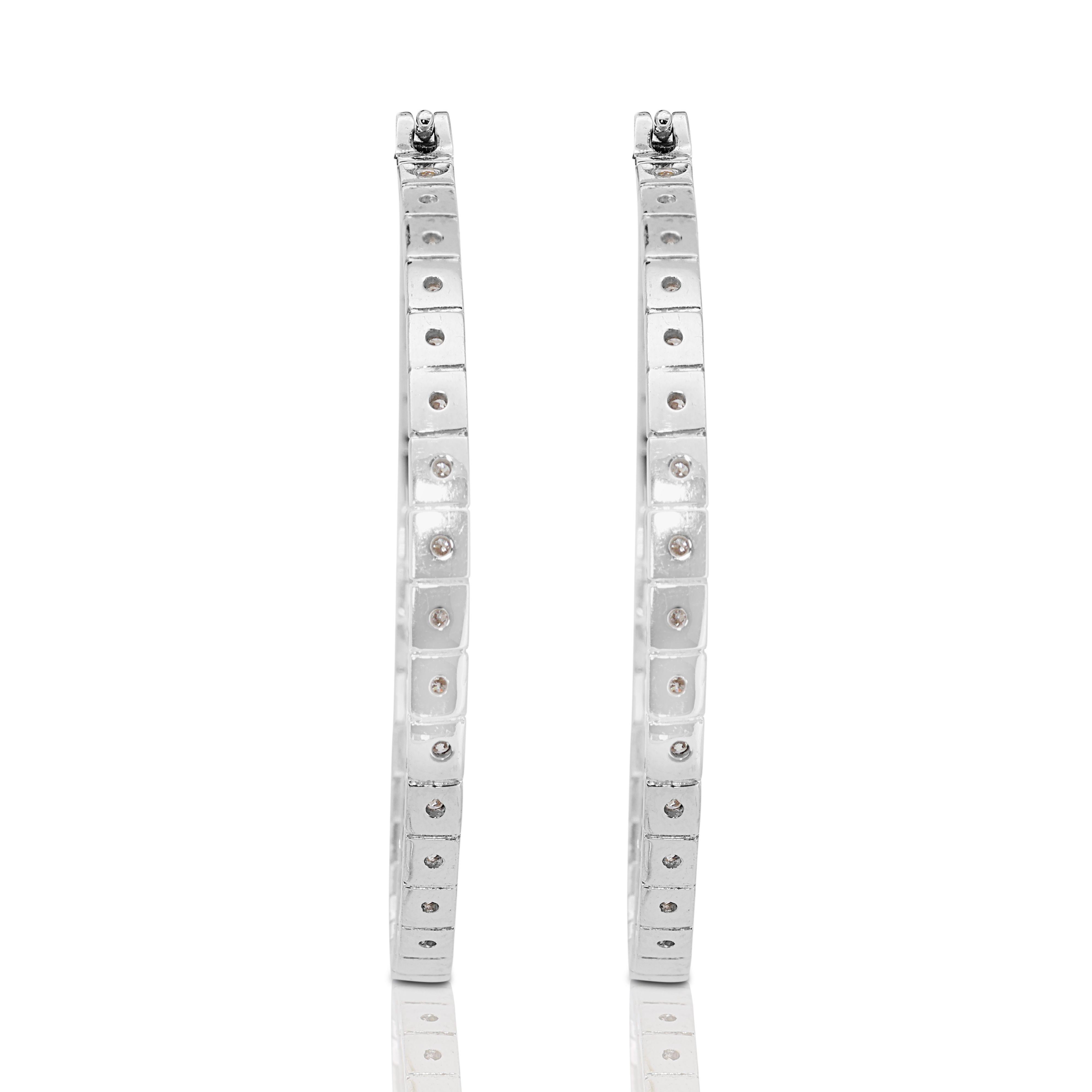 Women's Elegant 18k White Gold Hoop Earrings with 1.36 Carat Weight of Natural Diamonds For Sale