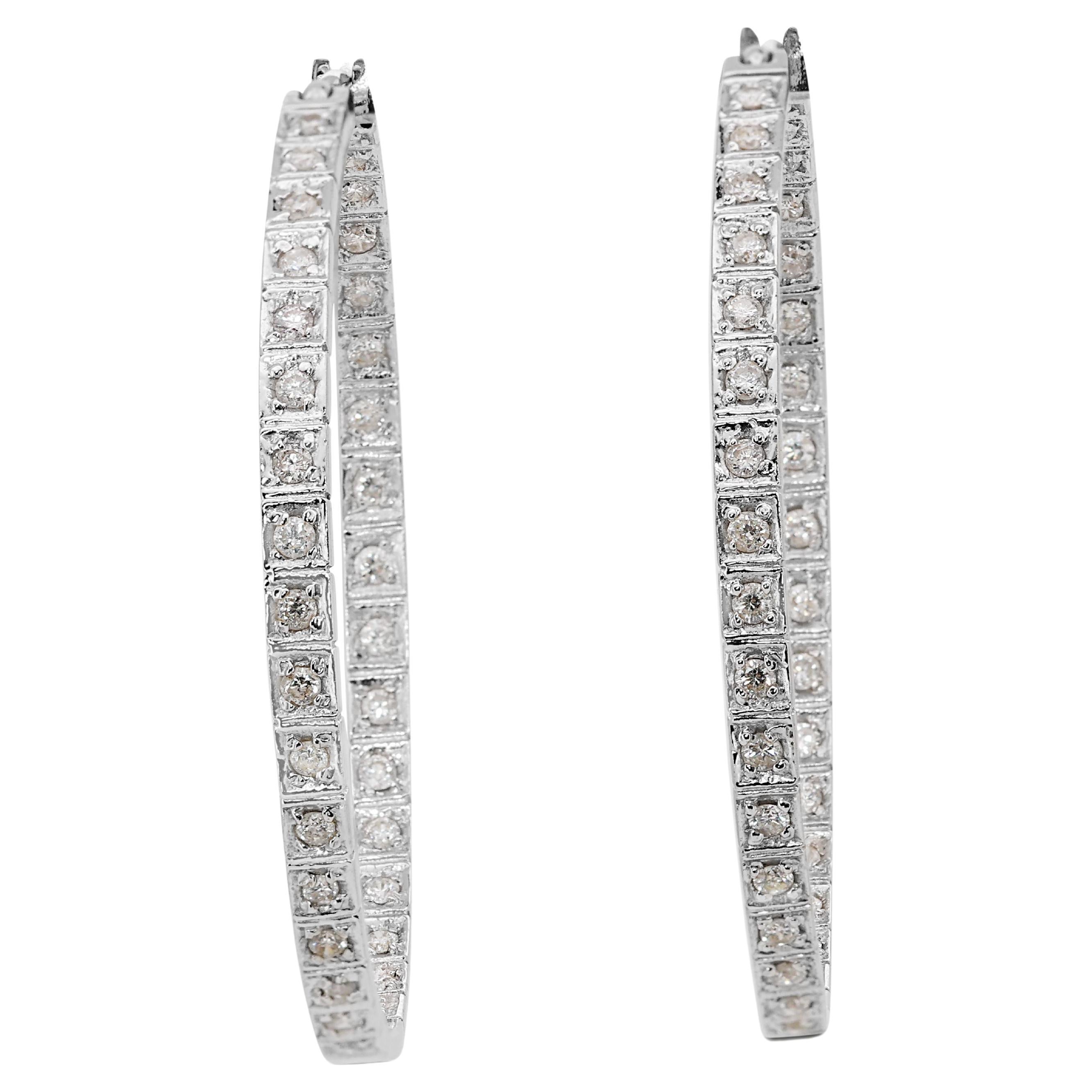 Elegant 18k White Gold Hoop Earrings with 1.36 Carat Weight of Natural Diamonds For Sale