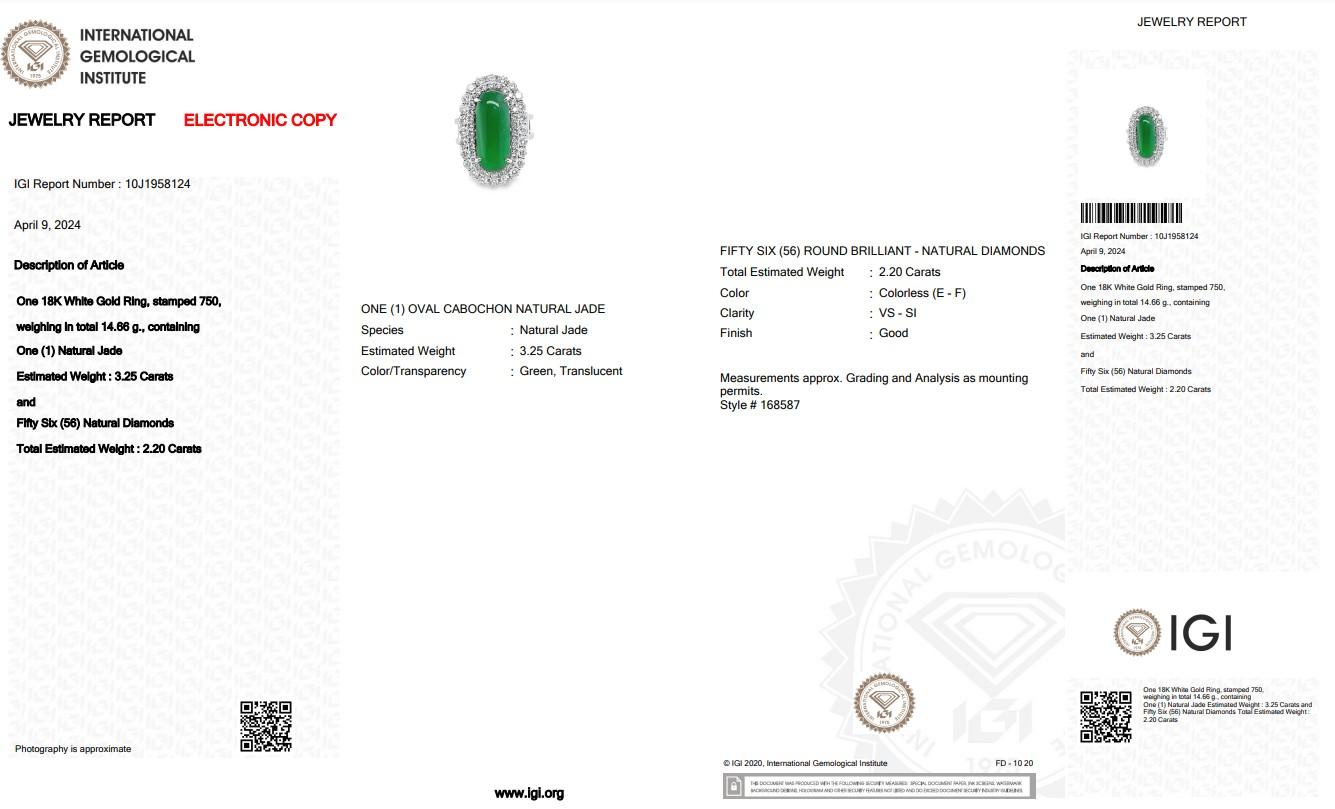 Women's Elegant 18k White Gold Jade & Diamond Halo Ring w/5.45 ct - IGI Certified For Sale