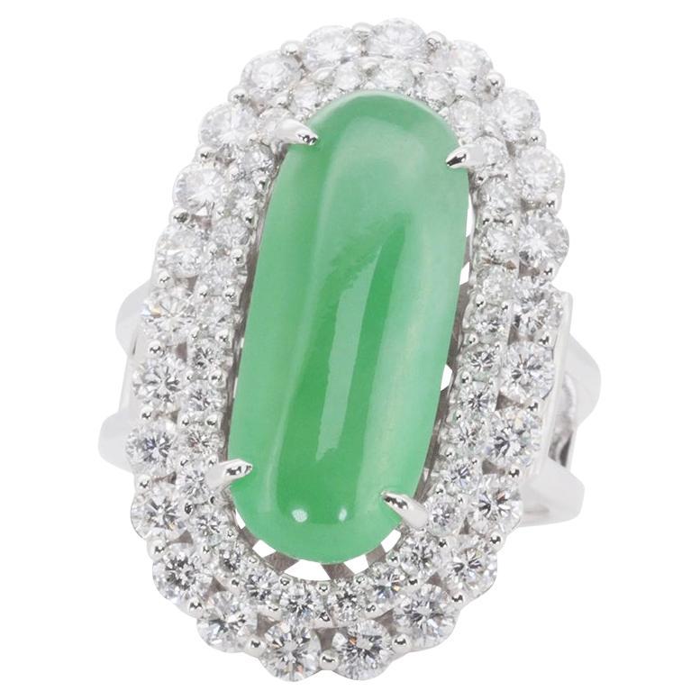 Elegant 18k White Gold Jade & Diamond Halo Ring w/5.45 ct - IGI Certified For Sale