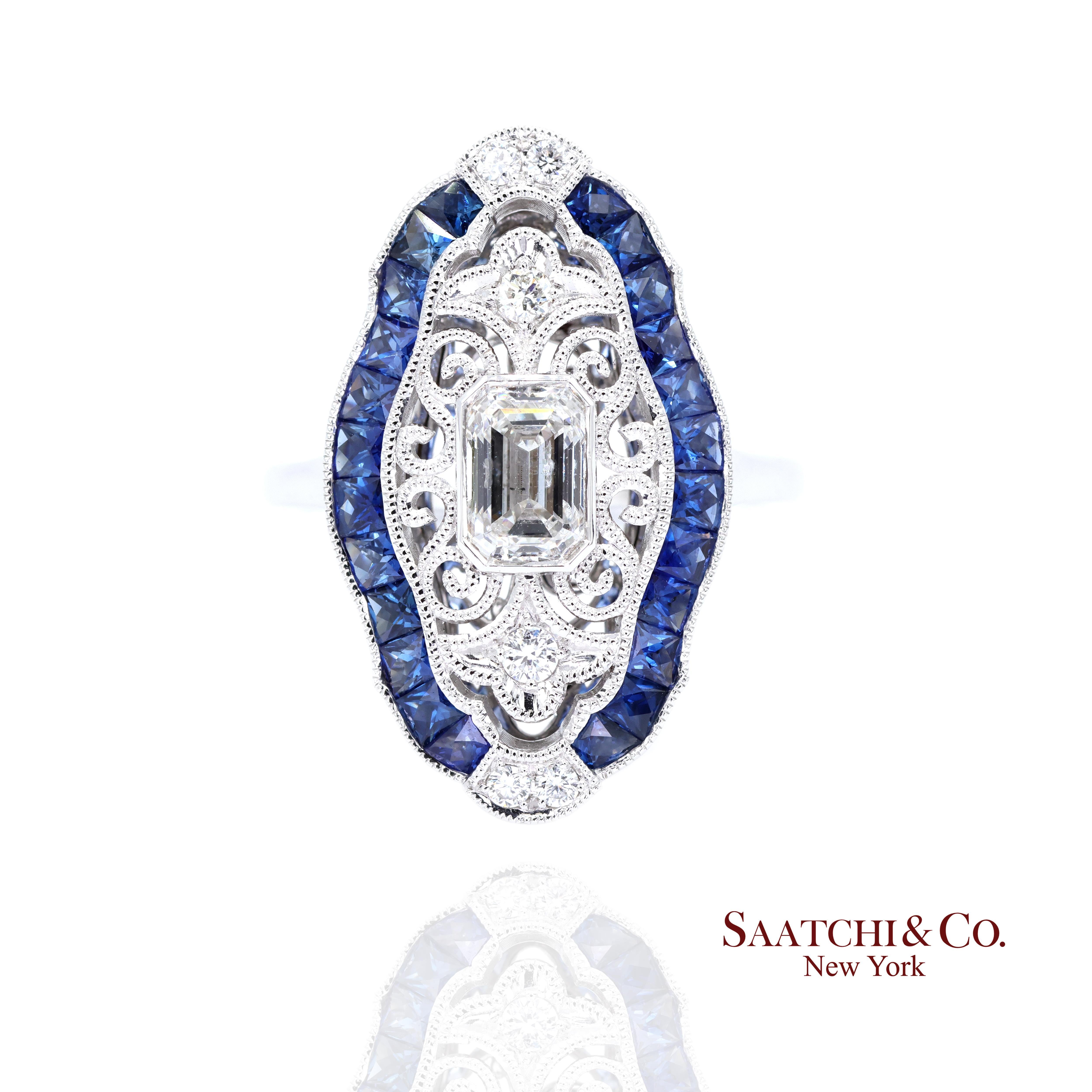 da uomo o donna Elegance Anello con diamante naturale e zaffiro blu in oro bianco 18 carati in vendita