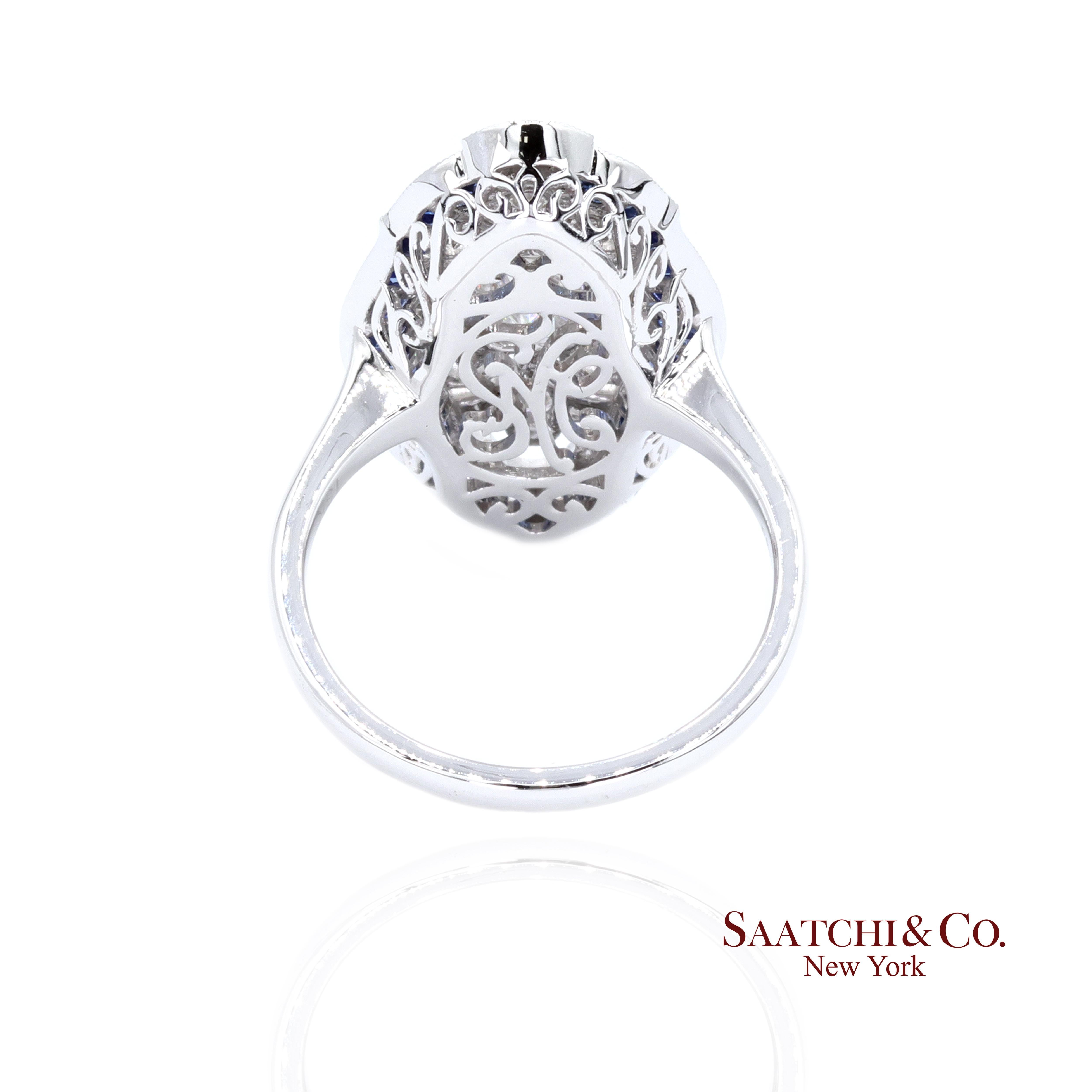 Elegance Anello con diamante naturale e zaffiro blu in oro bianco 18 carati in vendita 1