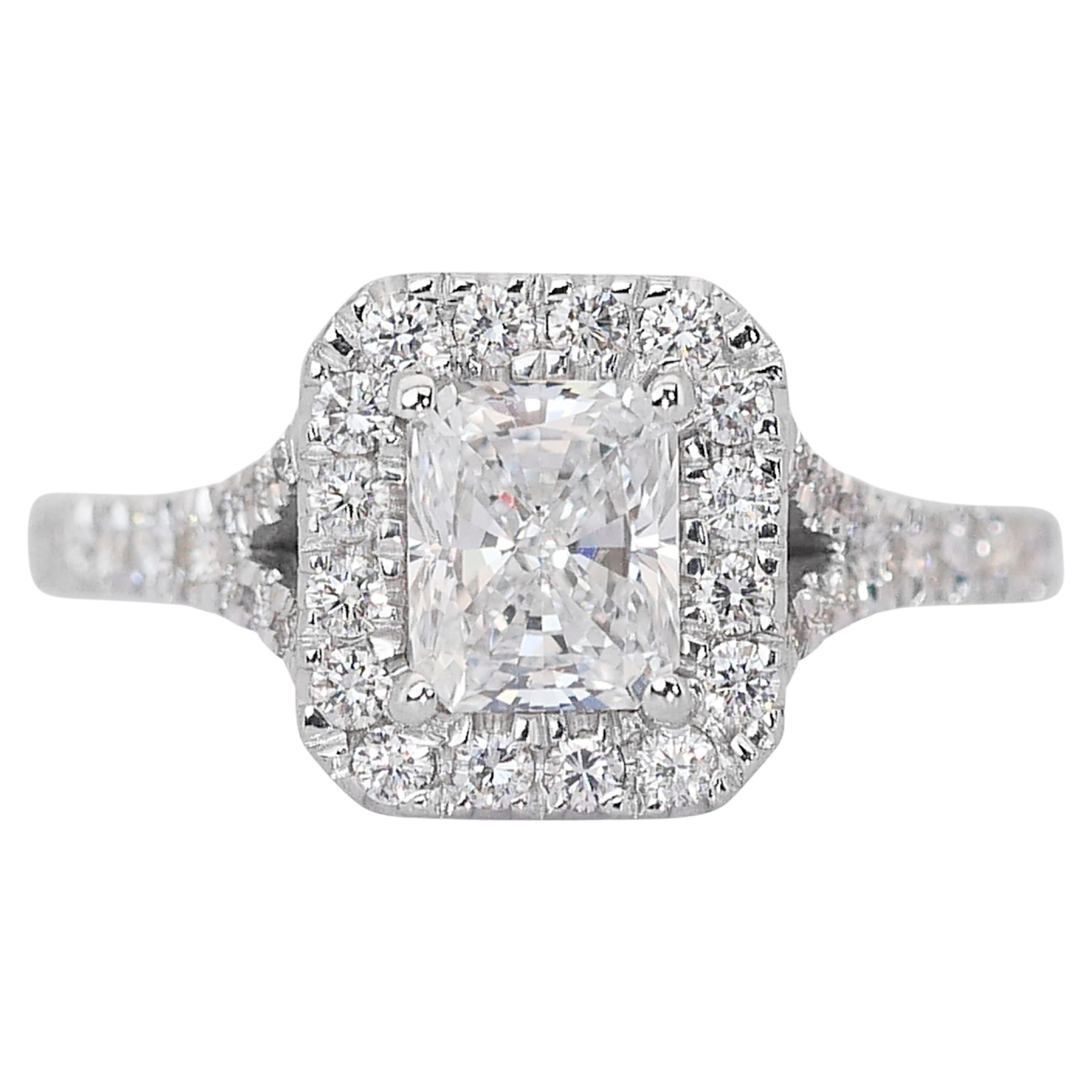 Elegant 18k White Gold Natural Diamond Halo Ring w/1.46 ct - GIA Certified For Sale
