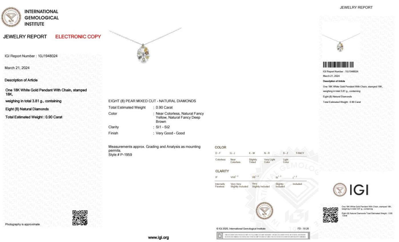 Women's Elegant 18k White Gold Natural Diamond Necklace with Pendant w/0.90 ct - IGI 