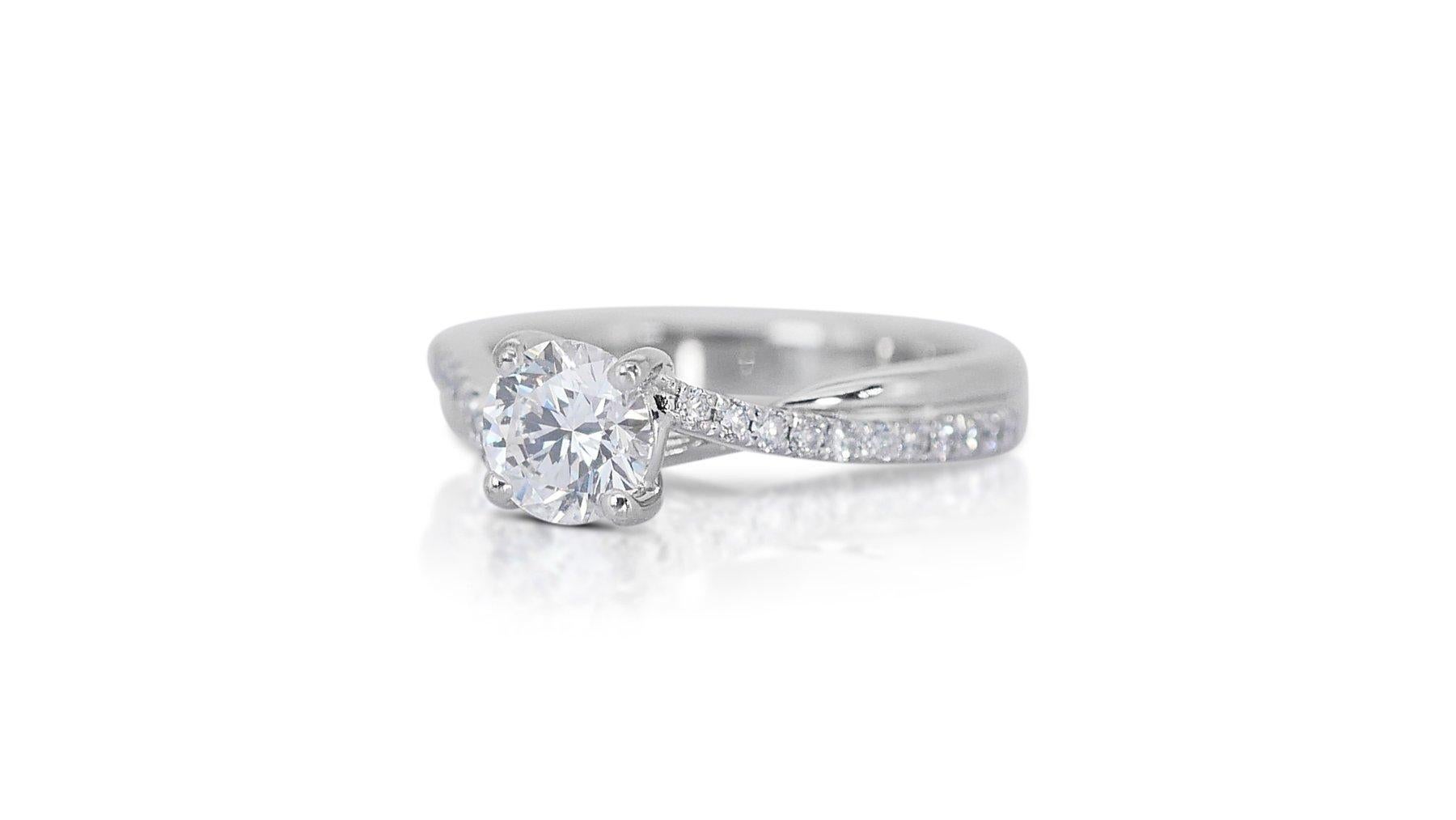 Round Cut Elegant 18k White Gold Natural Diamond Pave Ring w/1.24 ct - GIA Certified For Sale