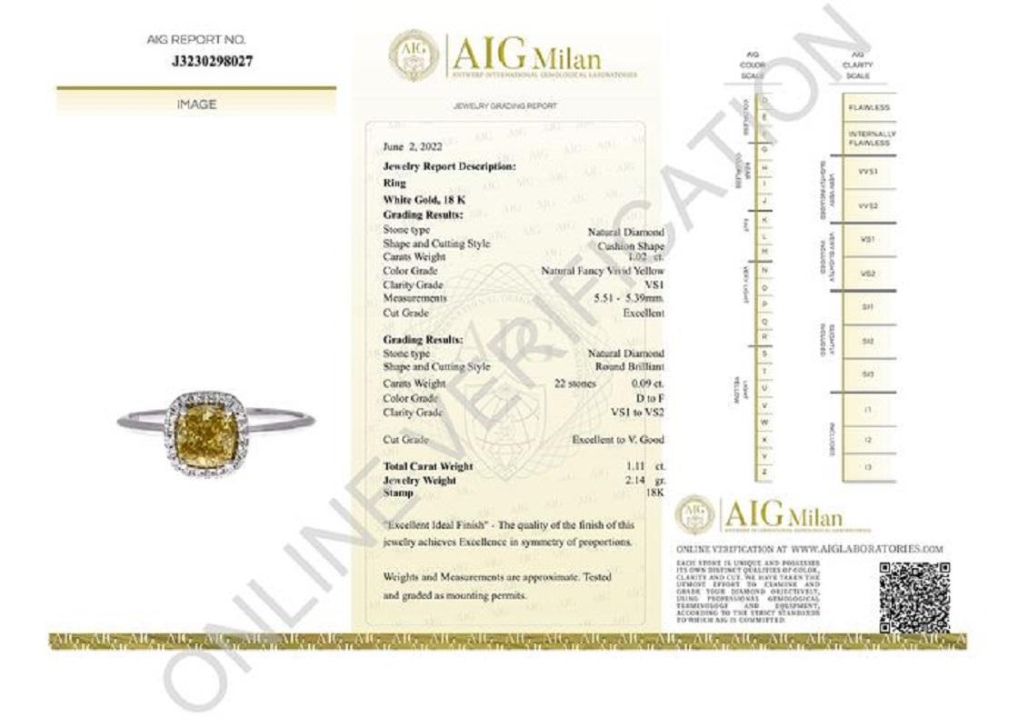 Cushion Cut Elegant 18k White Gold Ring with 1.02 Ct Natural Diamonds, AIG Cert For Sale