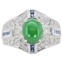 Elegant 18k White Gold Ring with 1.65 ct Natural Jade, Diamonds, and Sapphires