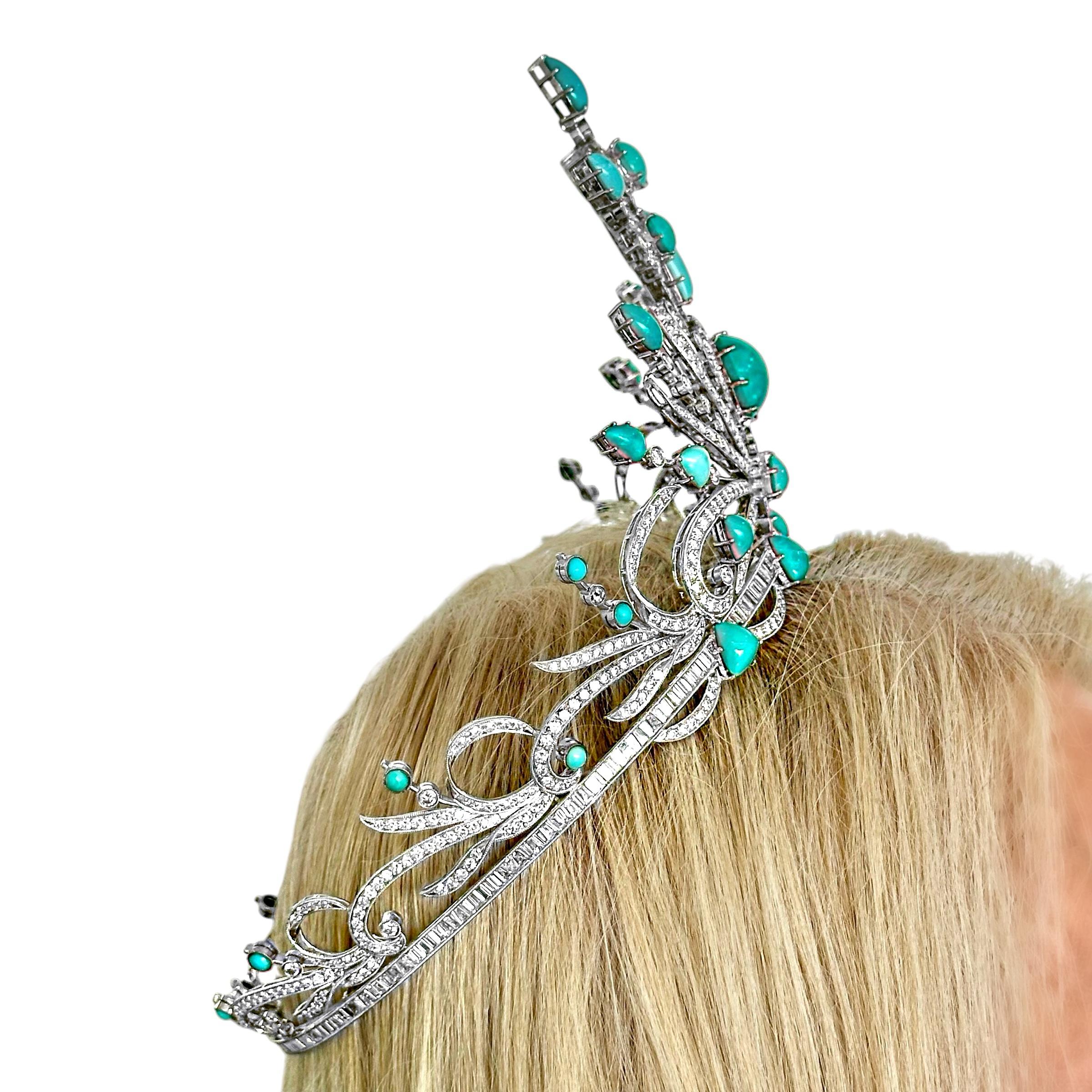 Elegance Couronne en or blanc 18 carats, incrustée de turquoises et de diamants, digne d'une reine en vente 7