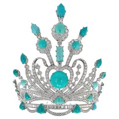 Elegant 18K White Gold, Turquoise and Diamond Encrusted Crown, Fit for a Queen
