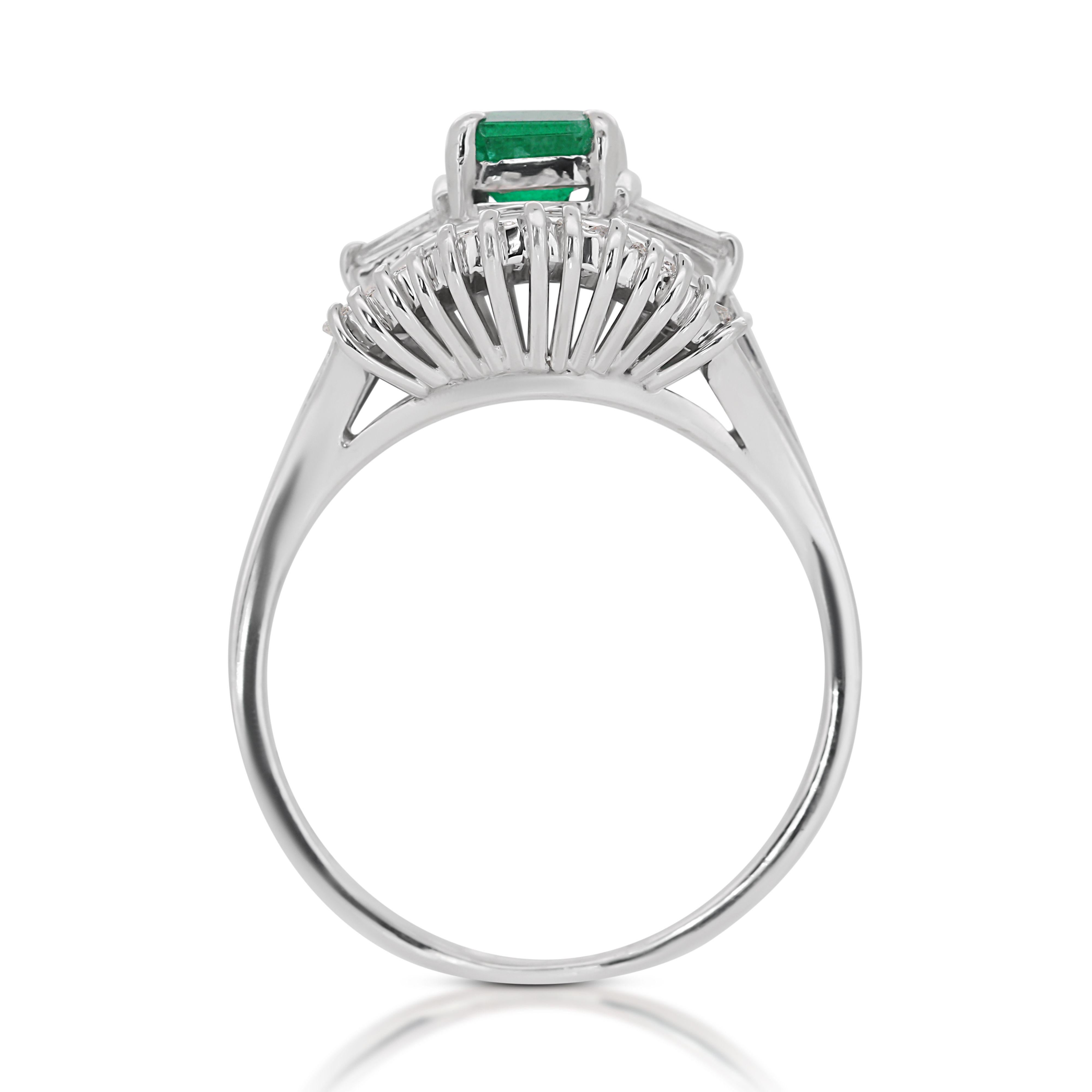 Women's Elegant 18k White Larry Emerald & Diamond Ring Gold with 1.64 Ct. NGI Cert For Sale