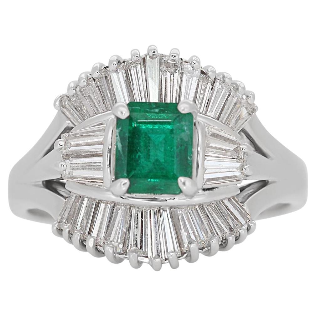 Elegant 18k White Larry Emerald & Diamond Ring Gold with 1.64 Ct. NGI Cert For Sale