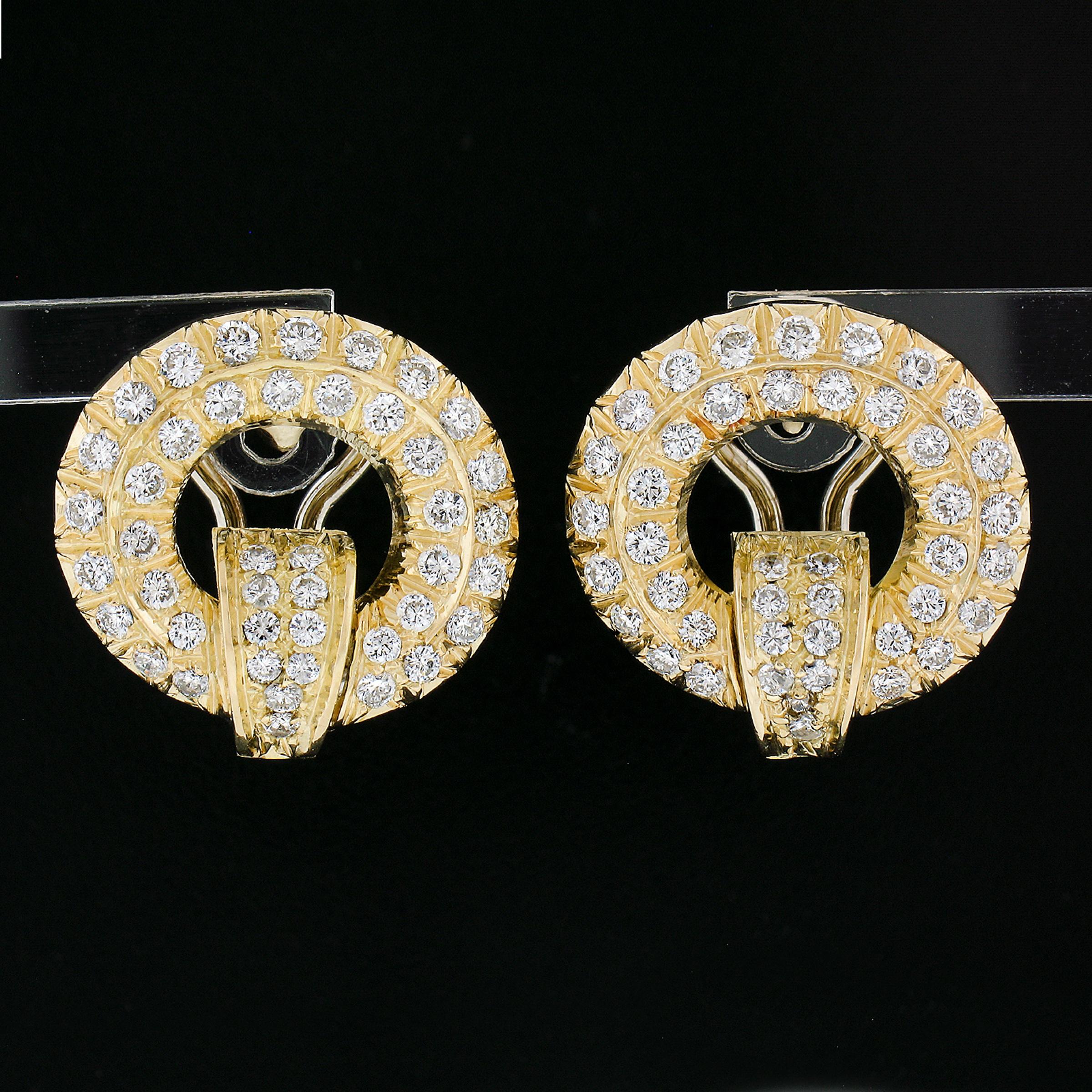 --Stone(s):--
(86) Natural Genuine Diamonds - Round Brilliant Cut - Pavé Set - F/G Color - VS1-SI2 Clarity
Total Carat Weight:	1.60 (approx.)

Material: Solid 18K Yellow Gold w/ White Gold Backs
Weight: 13.24 Grams
Backing:	Post backs w/ omega