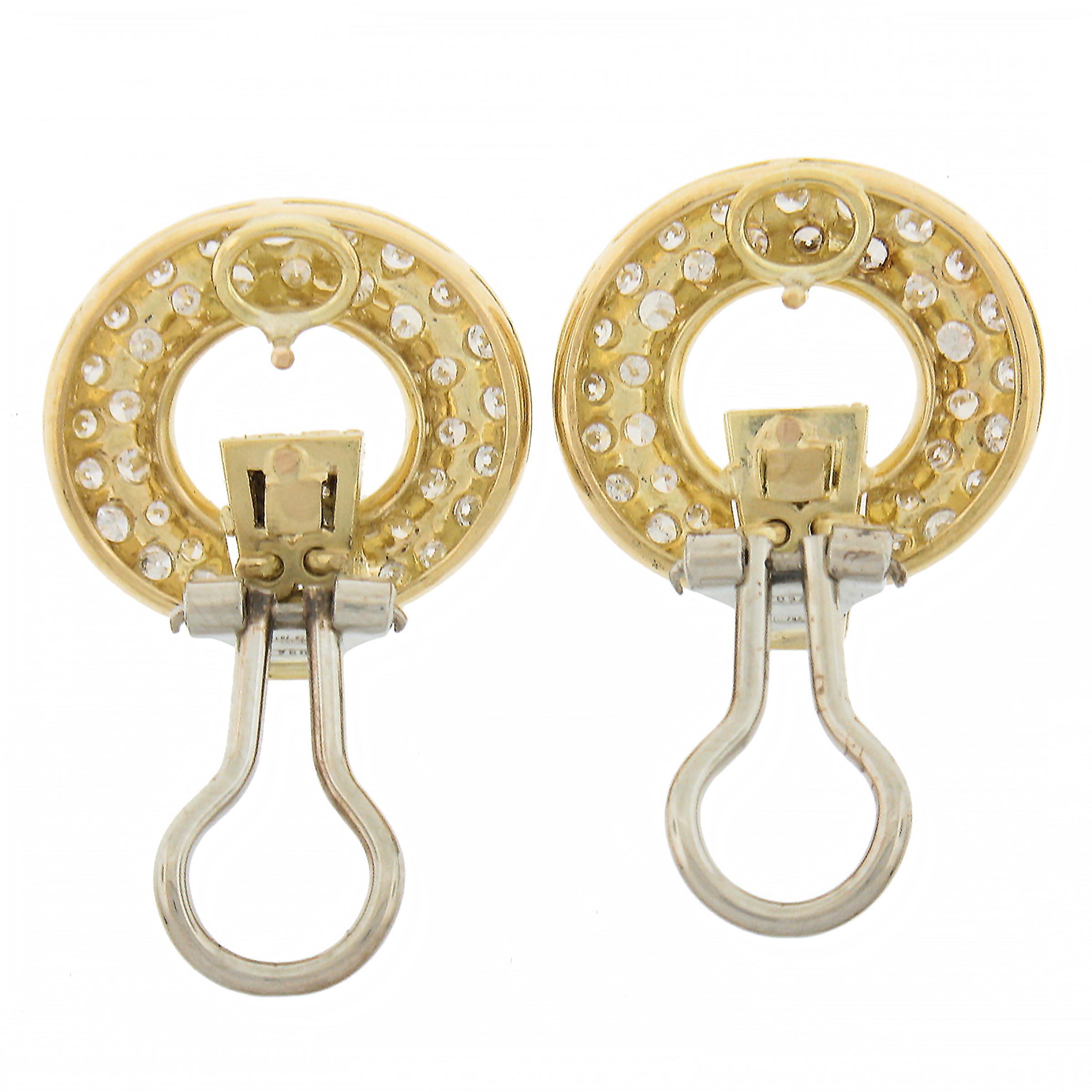 Elegant 18k Yellow Gold 1.60ctw Pave Set Diamond Open Round Omega Earrings For Sale 1