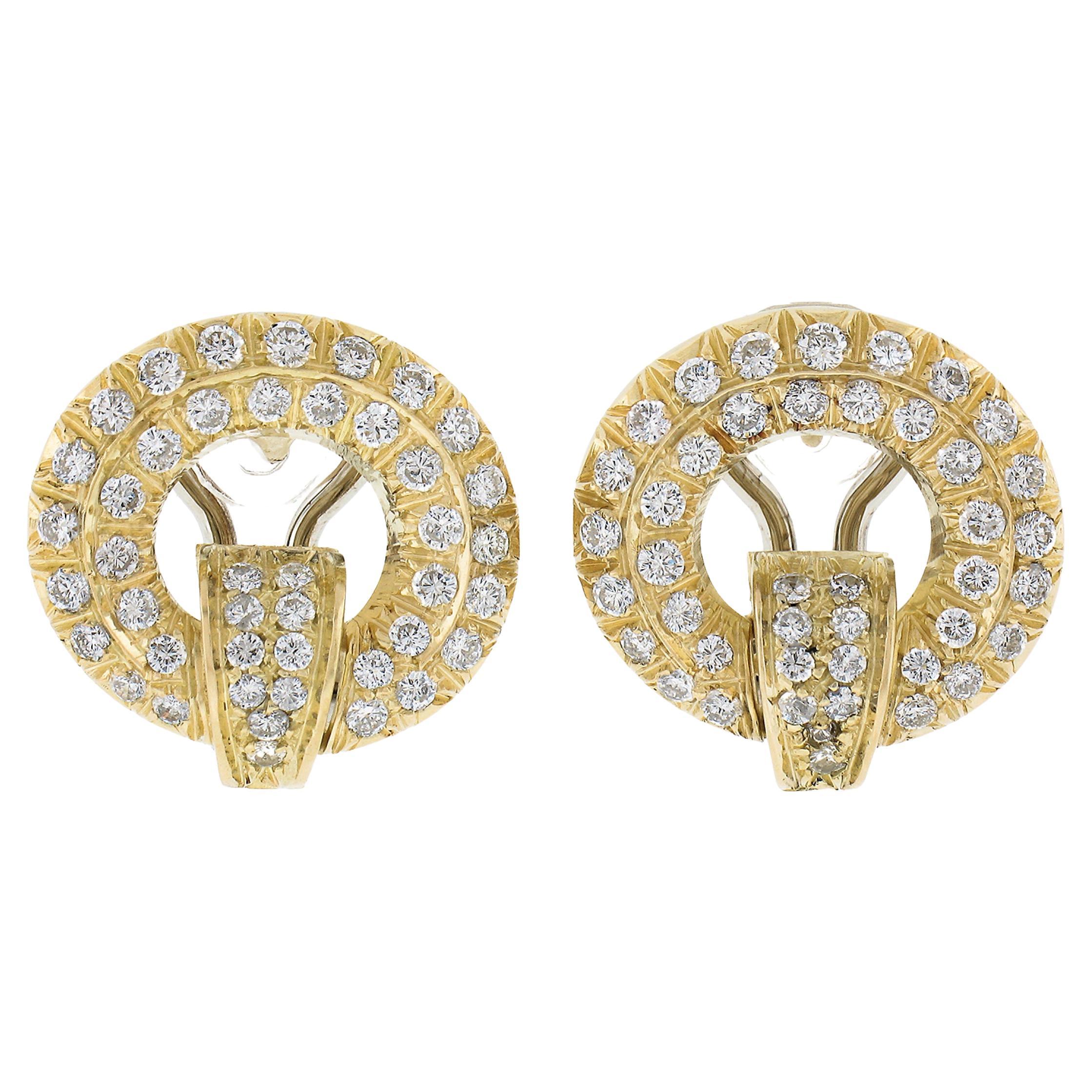 Elegant 18k Yellow Gold 1.60ctw Pave Set Diamond Open Round Omega Earrings For Sale
