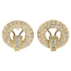 Elegant 18k Yellow Gold 1.60ctw Pave Set Diamond Open Round Omega Earrings