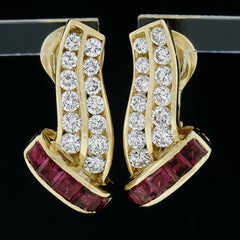 Elegant 18k Yellow Gold 2.20ctw Channel Set Ruby & Diamond Huggie Hoop Earrings