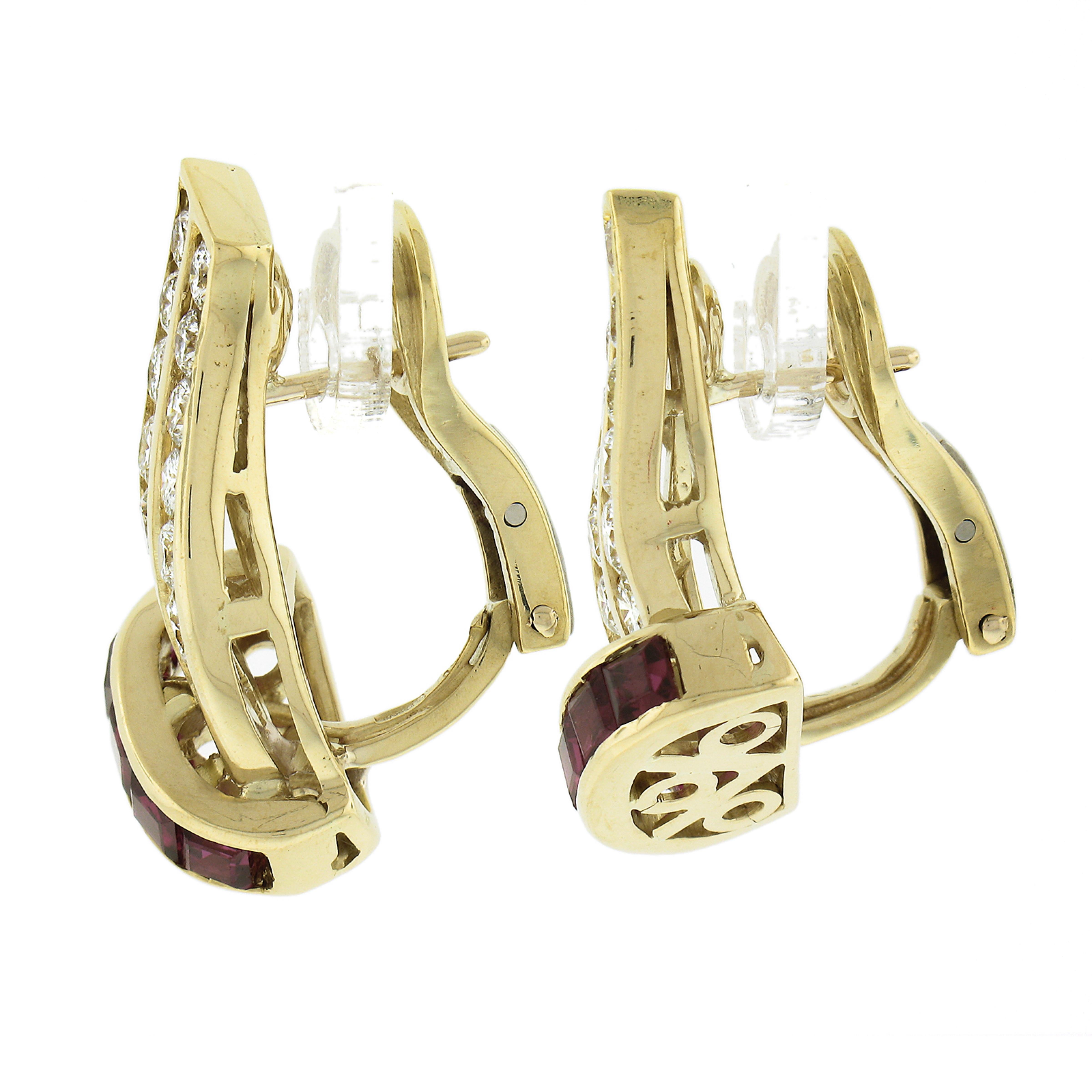 Square Cut Elegant 18k Yellow Gold 2.20ctw Channel Set Ruby & Diamond Huggie Hoop Earrings For Sale