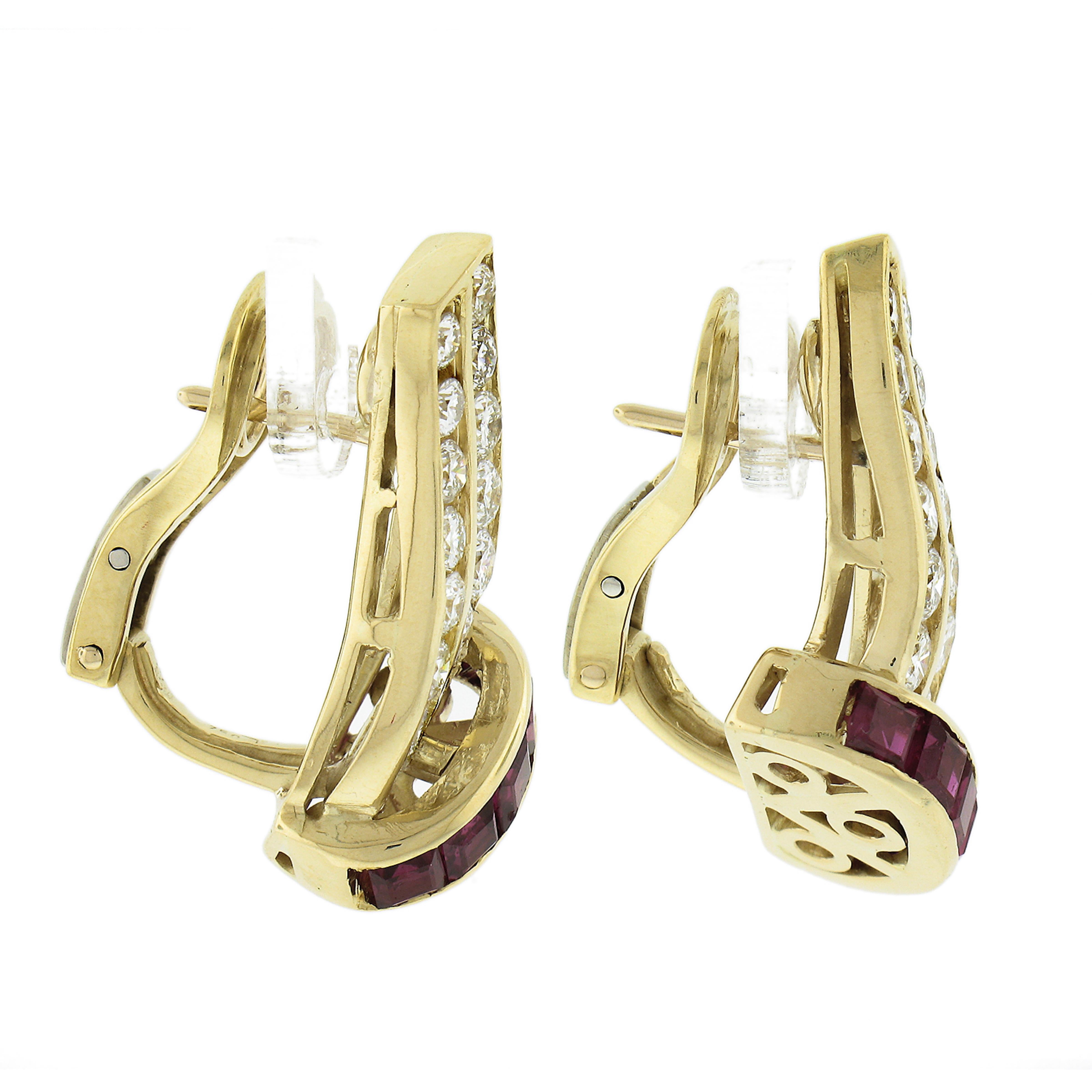 Elegant 18k Yellow Gold 2.20ctw Channel Set Ruby & Diamond Huggie Hoop Earrings In Excellent Condition For Sale In Montclair, NJ