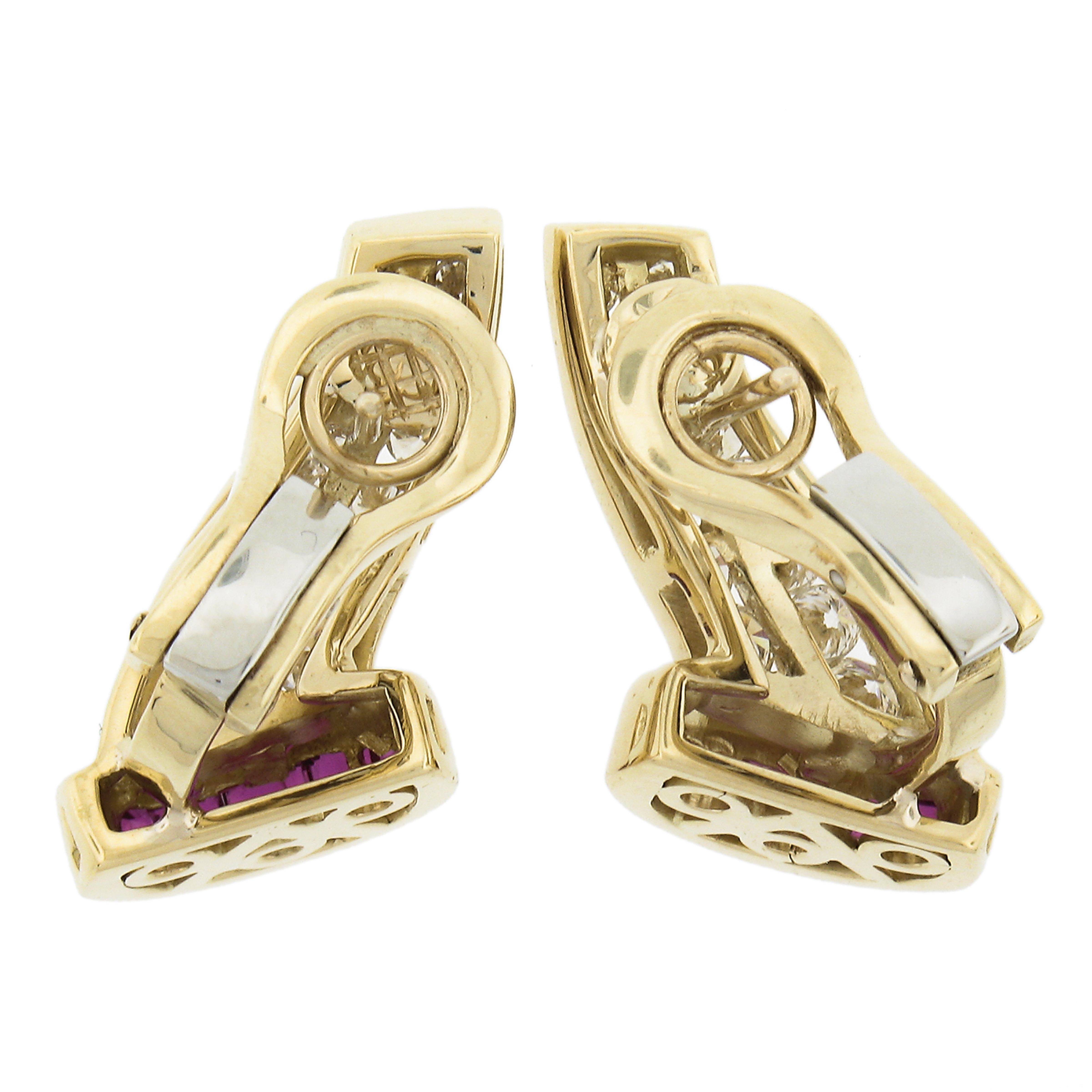 Women's Elegant 18k Yellow Gold 2.20ctw Channel Set Ruby & Diamond Huggie Hoop Earrings For Sale