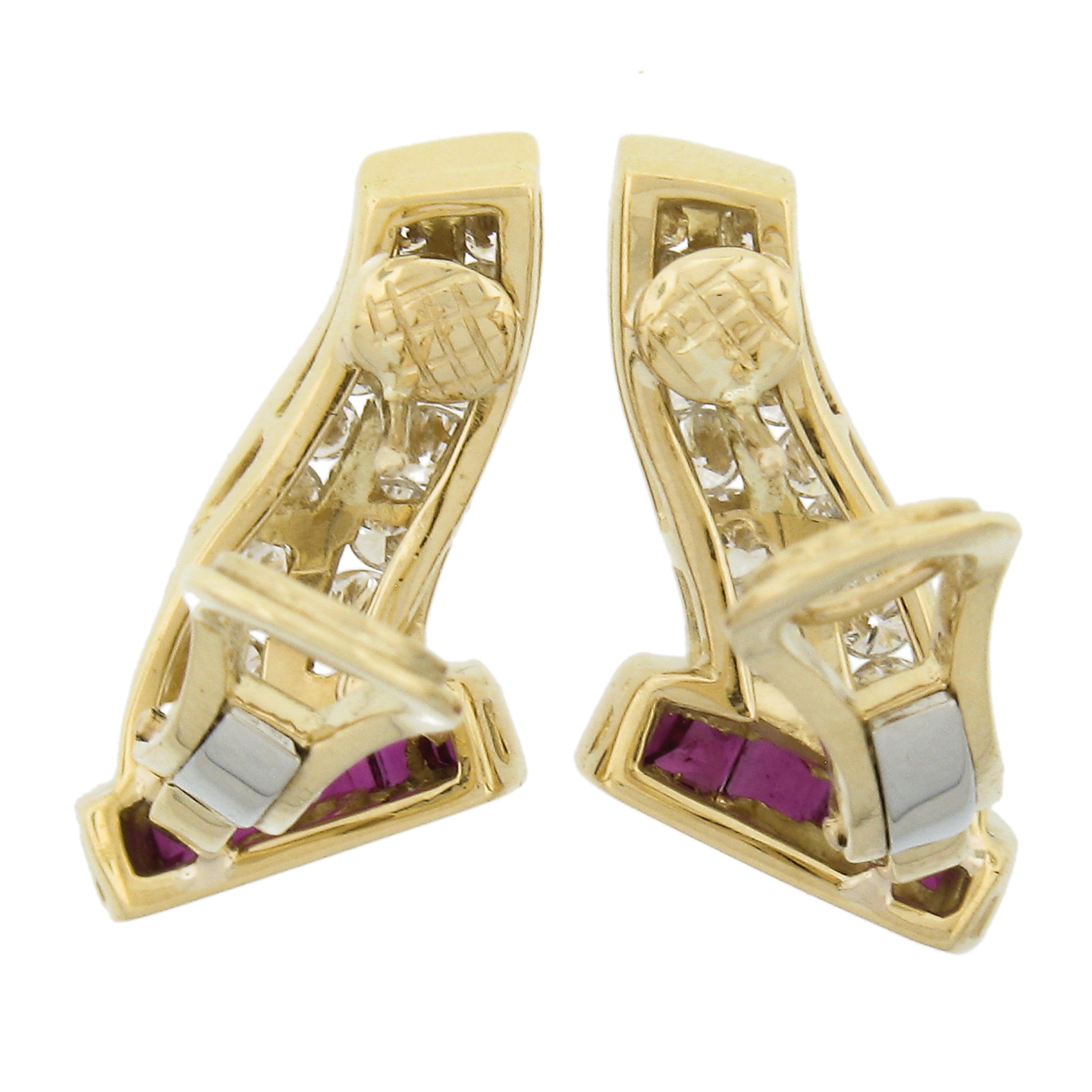Elegant 18k Yellow Gold 2.20ctw Channel Set Ruby & Diamond Huggie Hoop Earrings For Sale 1
