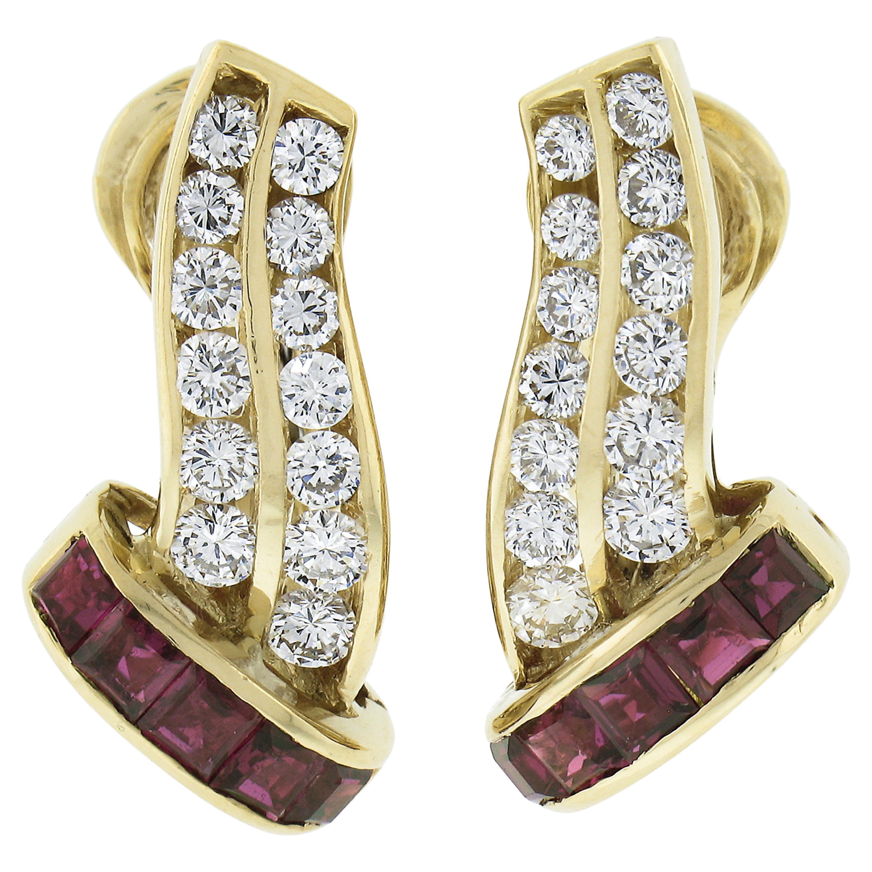 Elegant 18k Yellow Gold 2.20ctw Channel Set Ruby & Diamond Huggie Hoop Earrings For Sale