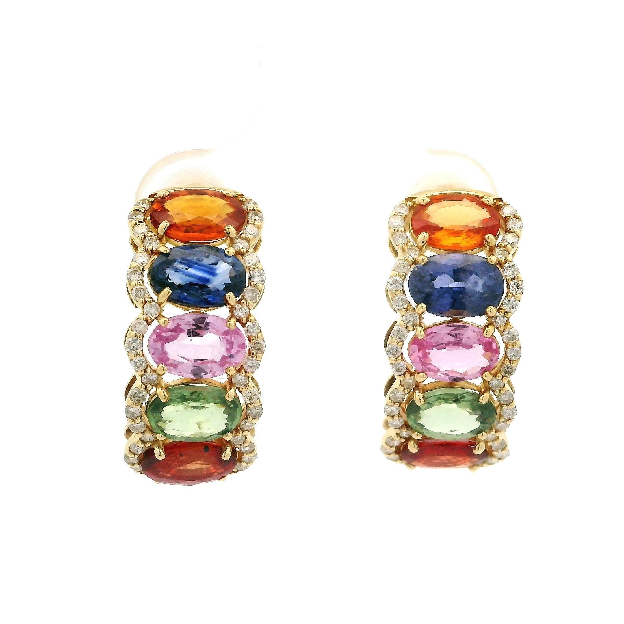 Elegant 18k Yellow Gold 3.20ctw Diamond & Multi Colored Sapphire Cuff Earrings For Sale 5