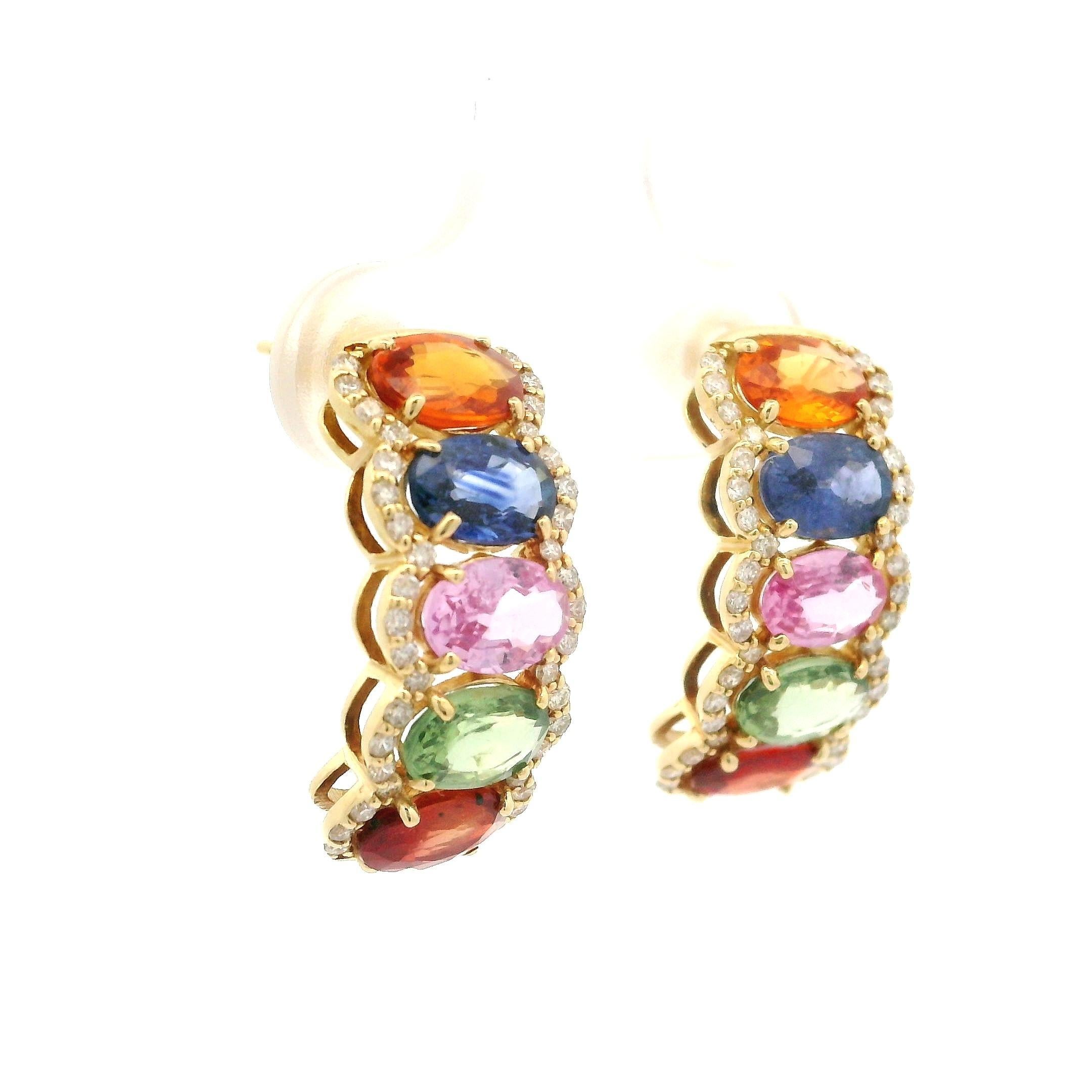 --Stone(s):--
(10) Natural Multi-Color Sapphires - Oval Cut - Prong Set - Orange, Blue, Pink, Green and Deep Orange Color - 3.8 x 6mm (approx.) - 3.0ctw (exact)
(76) Natural Genuine Diamonds - Round Brilliant Cut - Pave Set - Nice Brilliant White