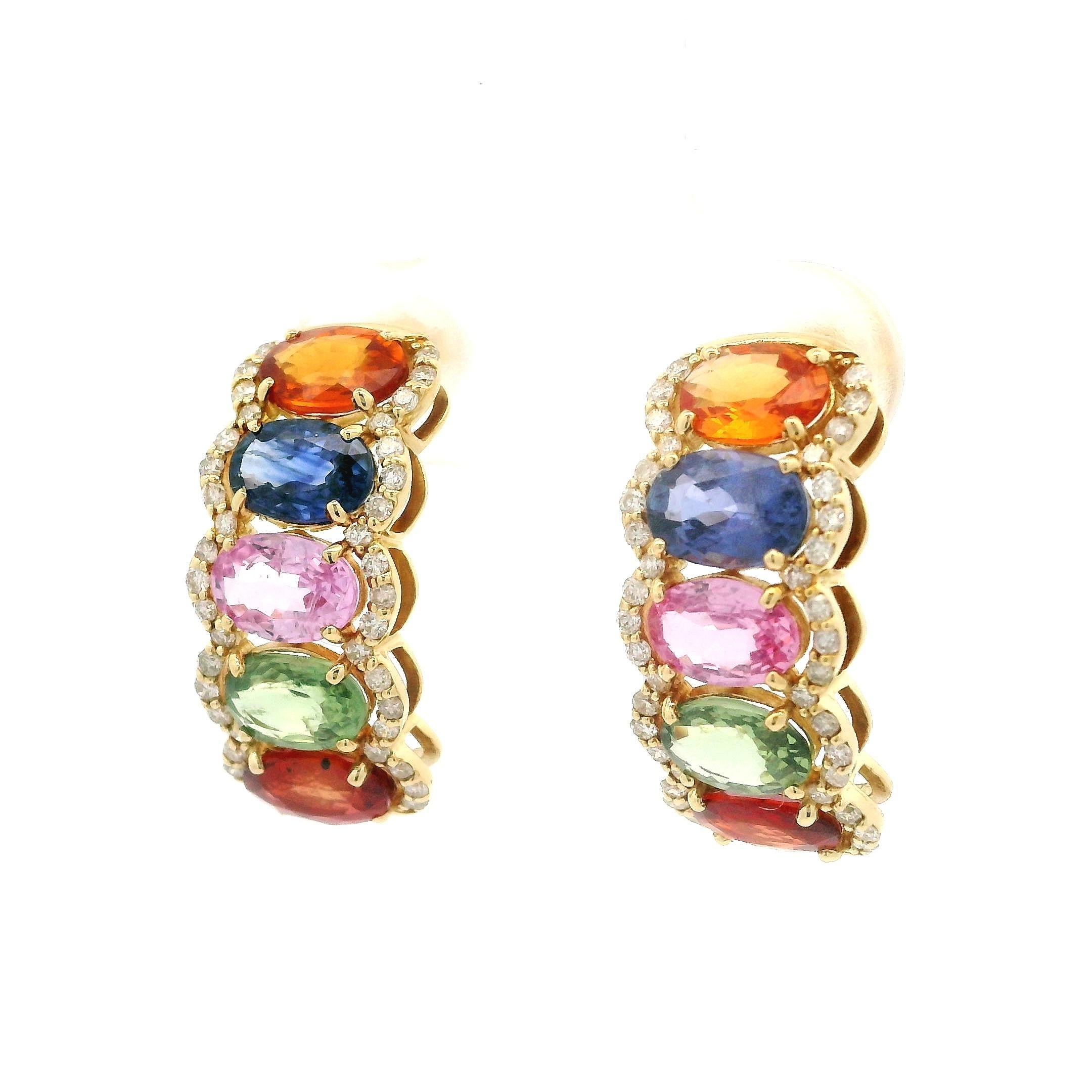 Oval Cut Elegant 18k Yellow Gold 3.20ctw Diamond & Multi Colored Sapphire Cuff Earrings For Sale