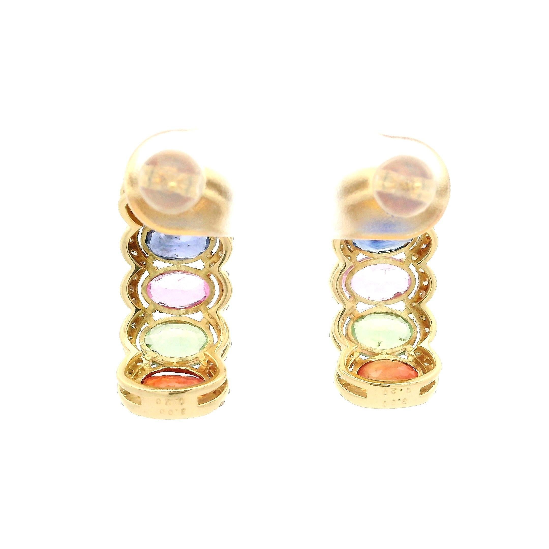 Women's Elegant 18k Yellow Gold 3.20ctw Diamond & Multi Colored Sapphire Cuff Earrings For Sale