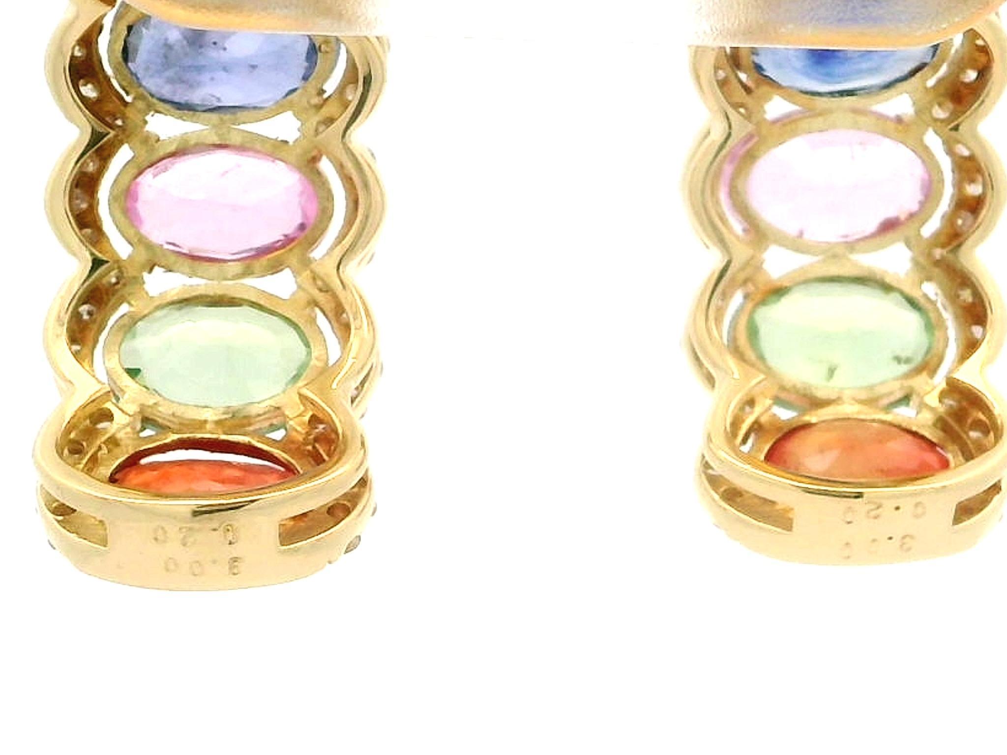 Elegant 18k Yellow Gold 3.20ctw Diamond & Multi Colored Sapphire Cuff Earrings For Sale 1