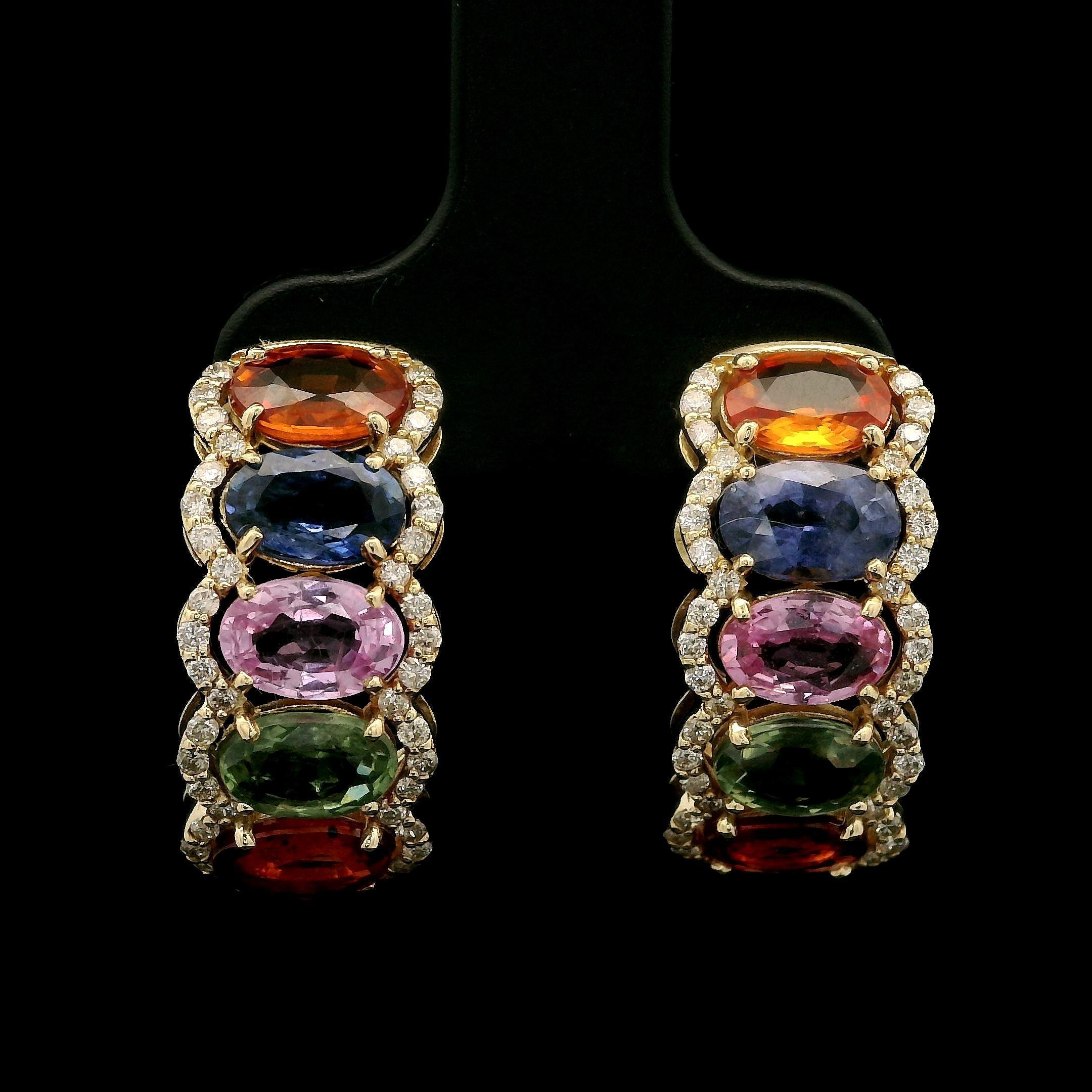Elegant 18k Yellow Gold 3.20ctw Diamond & Multi Colored Sapphire Cuff Earrings For Sale 3
