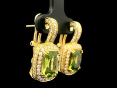 Elegant 18k Yellow Gold 7ctw Cushion Peridot Diamond Dangle Drop Omega Earring