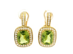 Elegant 18k Yellow Gold 7ctw Cushion Peridot Diamond Dangle Drop Omega Earring