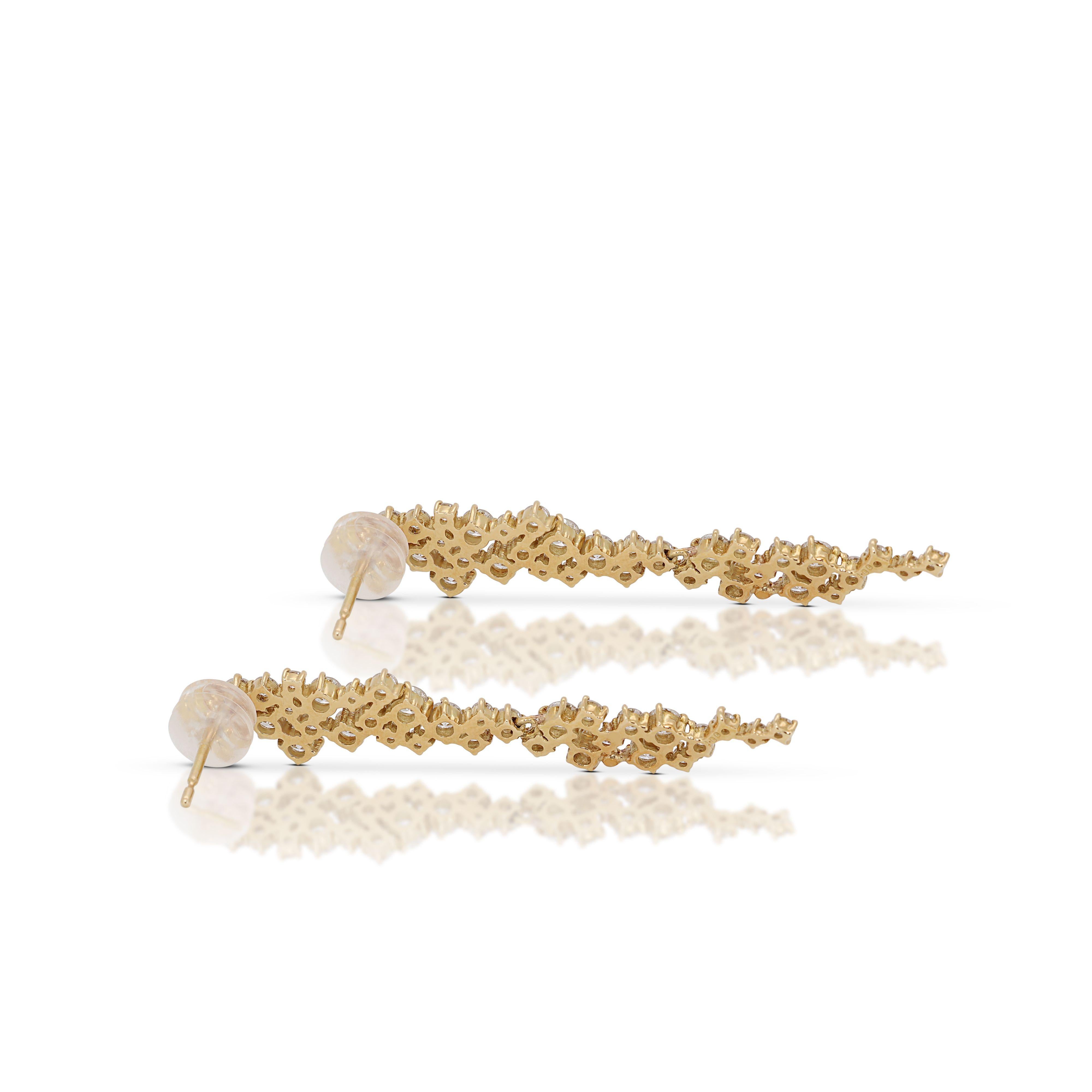 Elegant 18k Yellow Gold Drop Earrings with 1.60 Natural Round Diamonds, NGI Cert For Sale 1