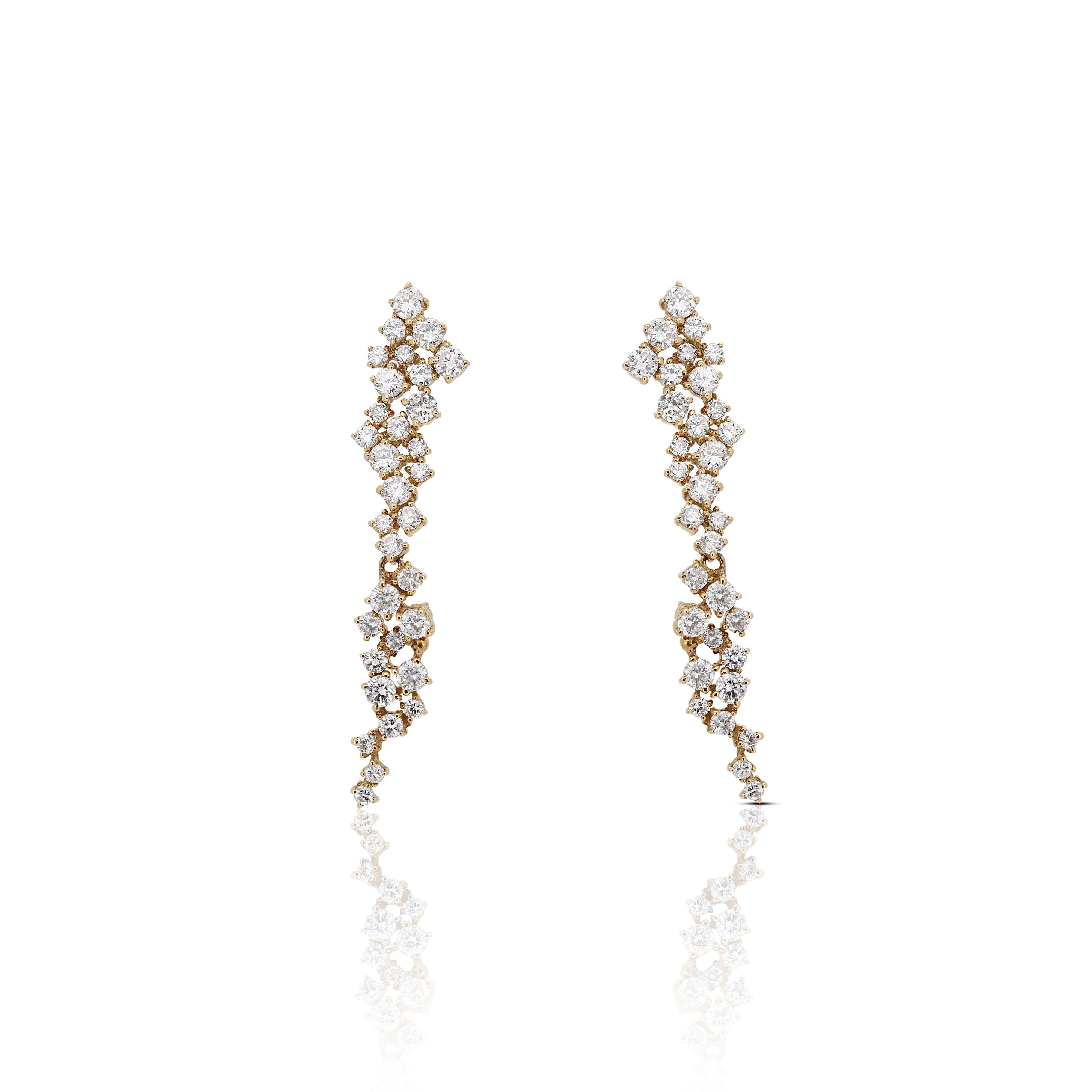Elegant 18k Yellow Gold Drop Earrings with 1.60 Natural Round Diamonds, NGI Cert