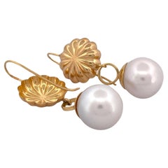 Used Elegant 18k Yellow Gold Floral Large Pearl Dangle Earrings - Exquisite Jewelry
