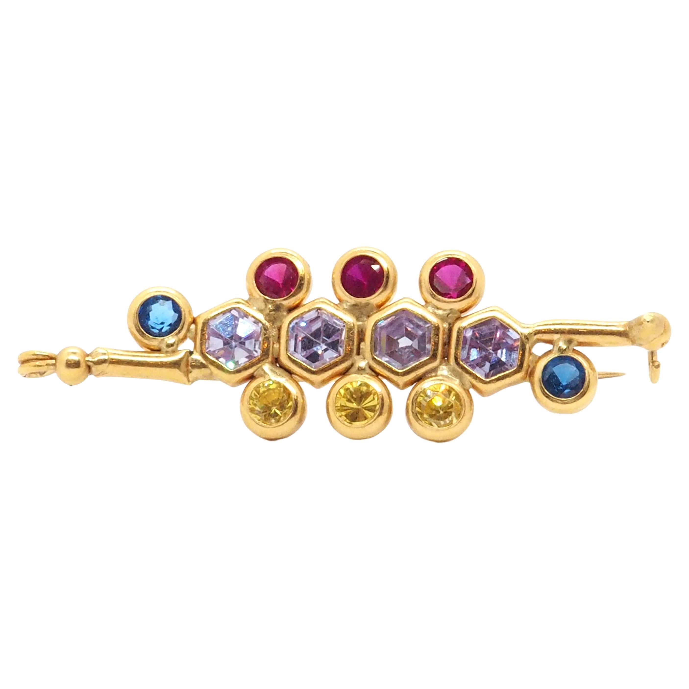Gemstone Brooch 18K Yellow Gold For Sale