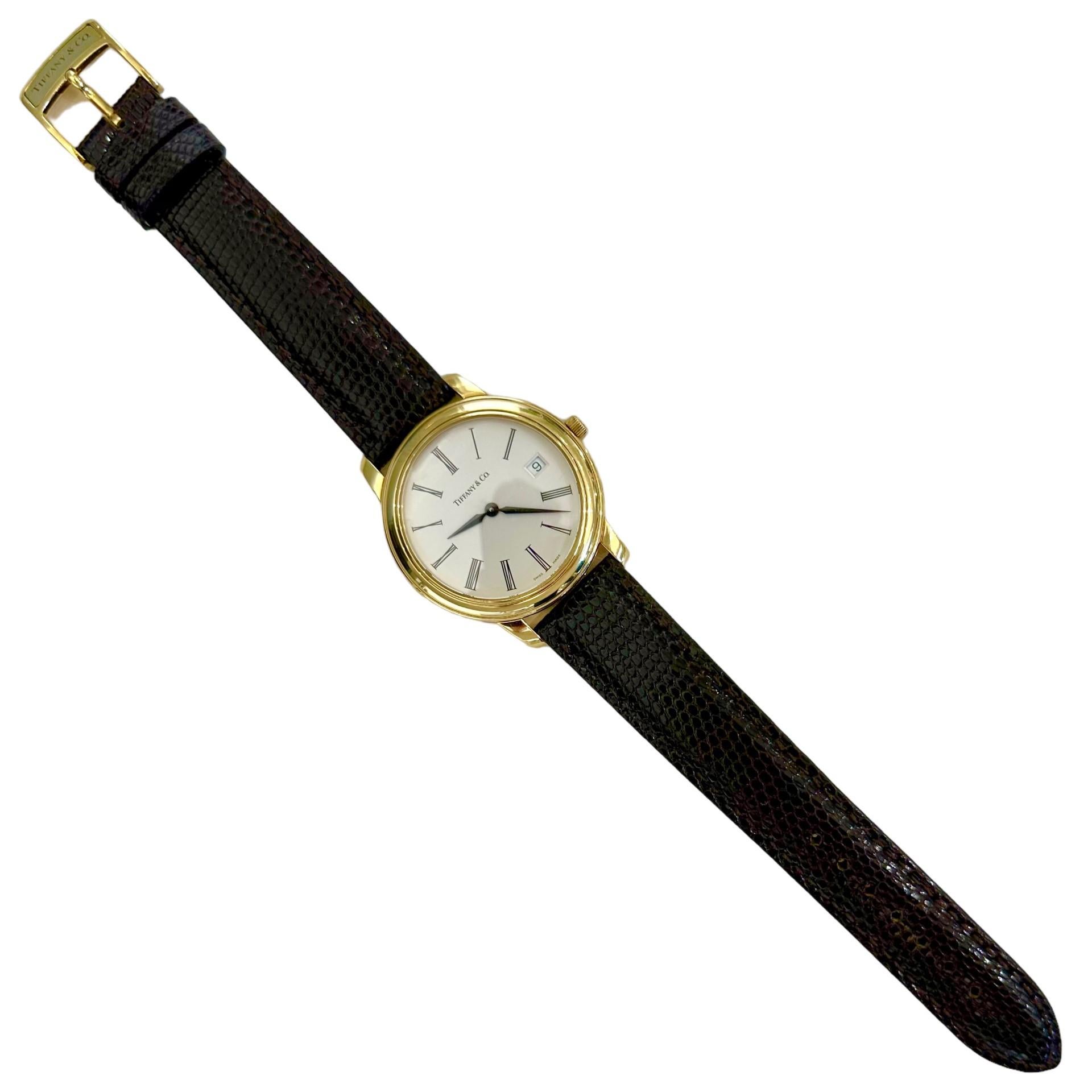 Modern Elegant 18k Yellow Gold Gents Tiffany & Co. Quartz Movement Wrist Watch  For Sale