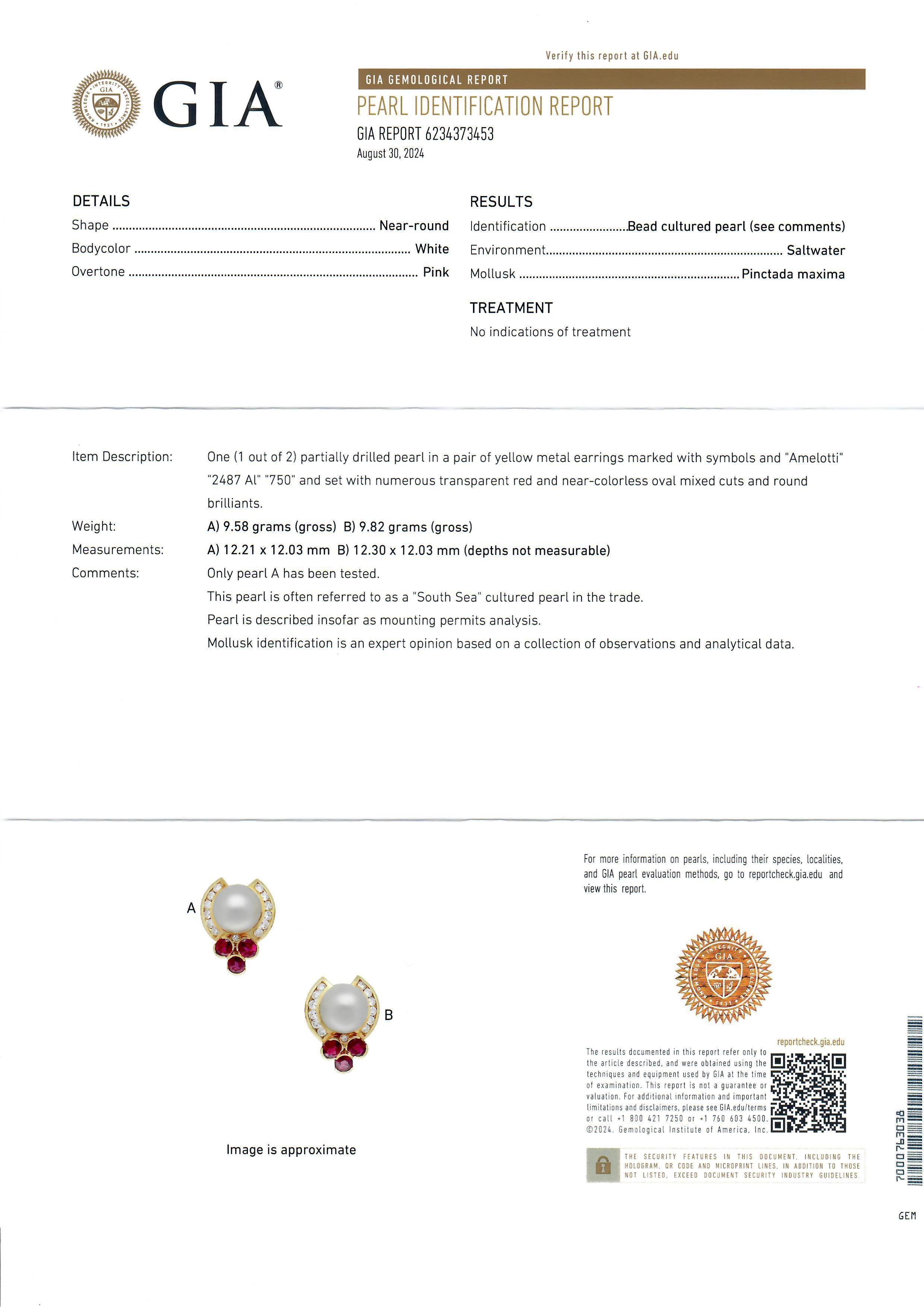 Elegante 18k Gelbgold GIA 12mm Perle 5,25ctw Rubin & Diamant Omega Ohrringe (Rundschliff) im Angebot