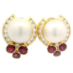 Elegant 18k Yellow Gold GIA 12mm Pearl 5.25ctw Ruby & Diamond Omega Earrings