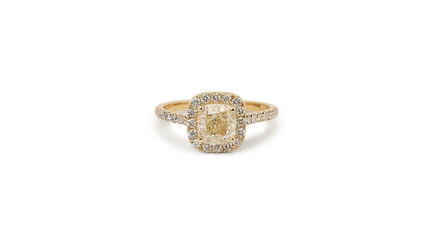 A beautiful Ring with a dazzling 1.25 carat Square Cushion natural diamond. It has 0.45 carat of side diamonds which add more to its elegance. The jewelry is made of 18K Yellow Gold with a high quality polish. It comes with IGI certificate and a