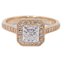 Elegant 18k Yellow Gold Halo Princess Ring 1.23 Ct Natural Diamonds GIA Cert
