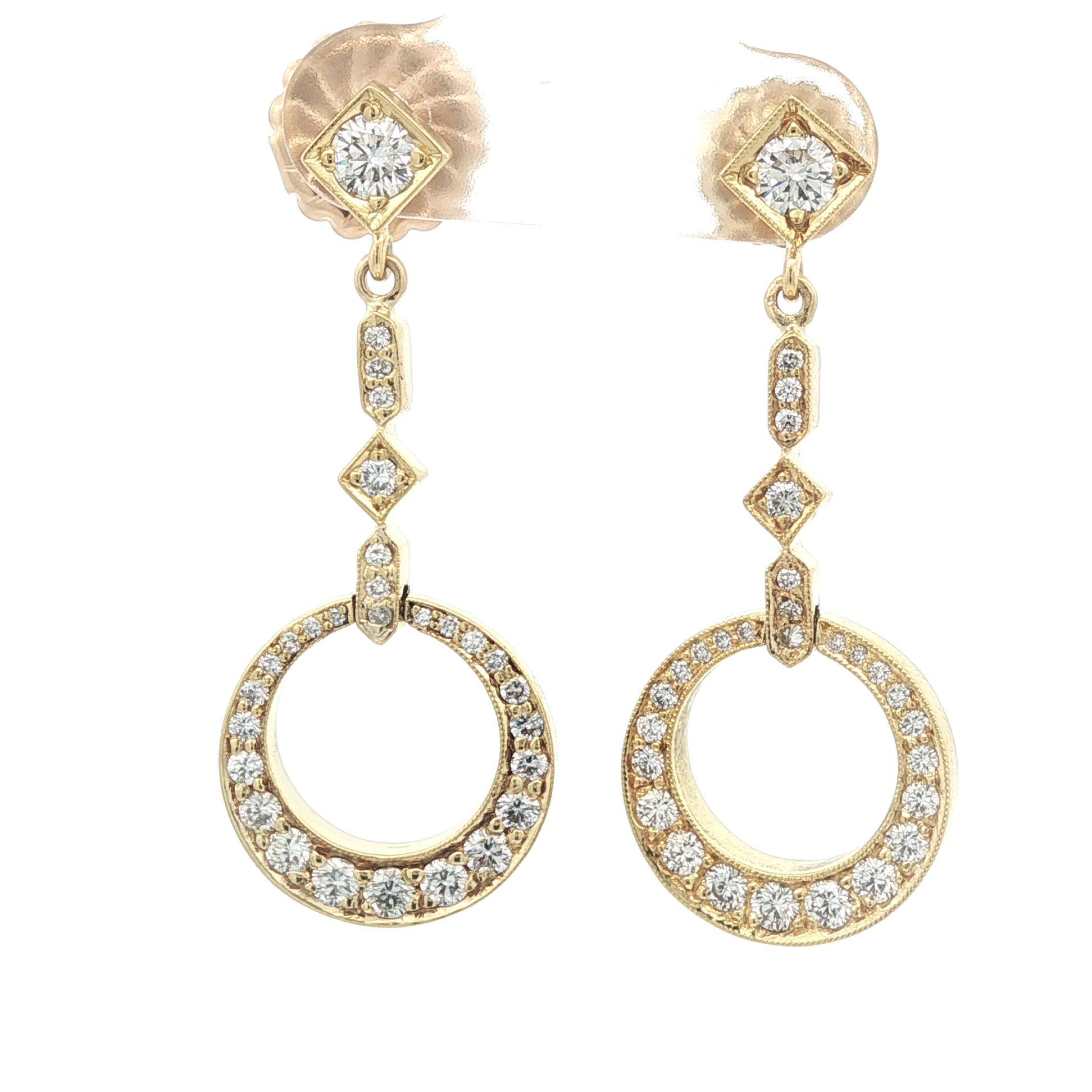 Elegant 18k Yellow Gold High Quality 1ct Round Diamond Dangle Drop Earrings in vendita 1